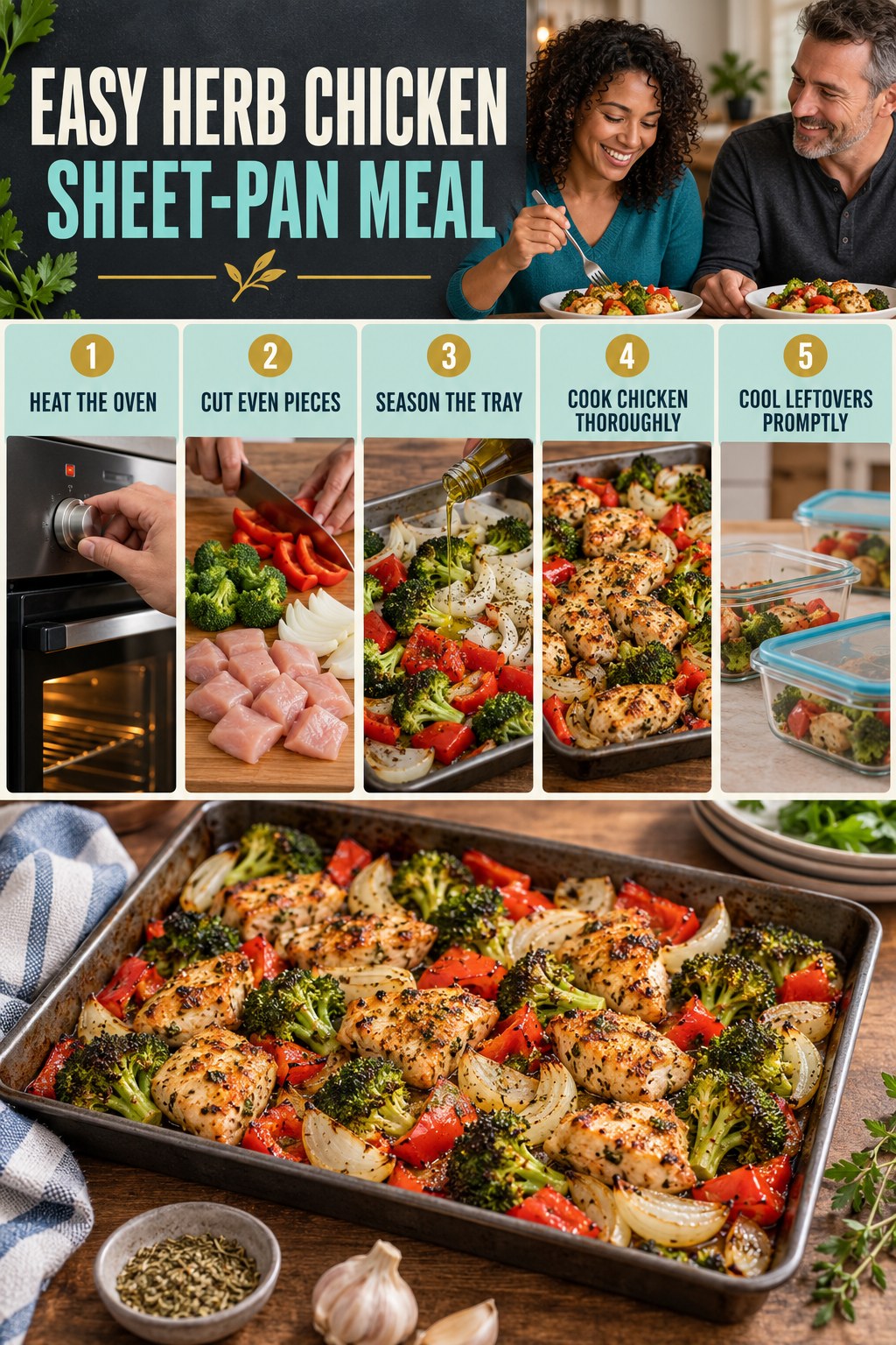 Easy Herb Chicken Sheet-Pan Meal for High Protein Dinner with five readable preparation cues and a realistic finished dish.