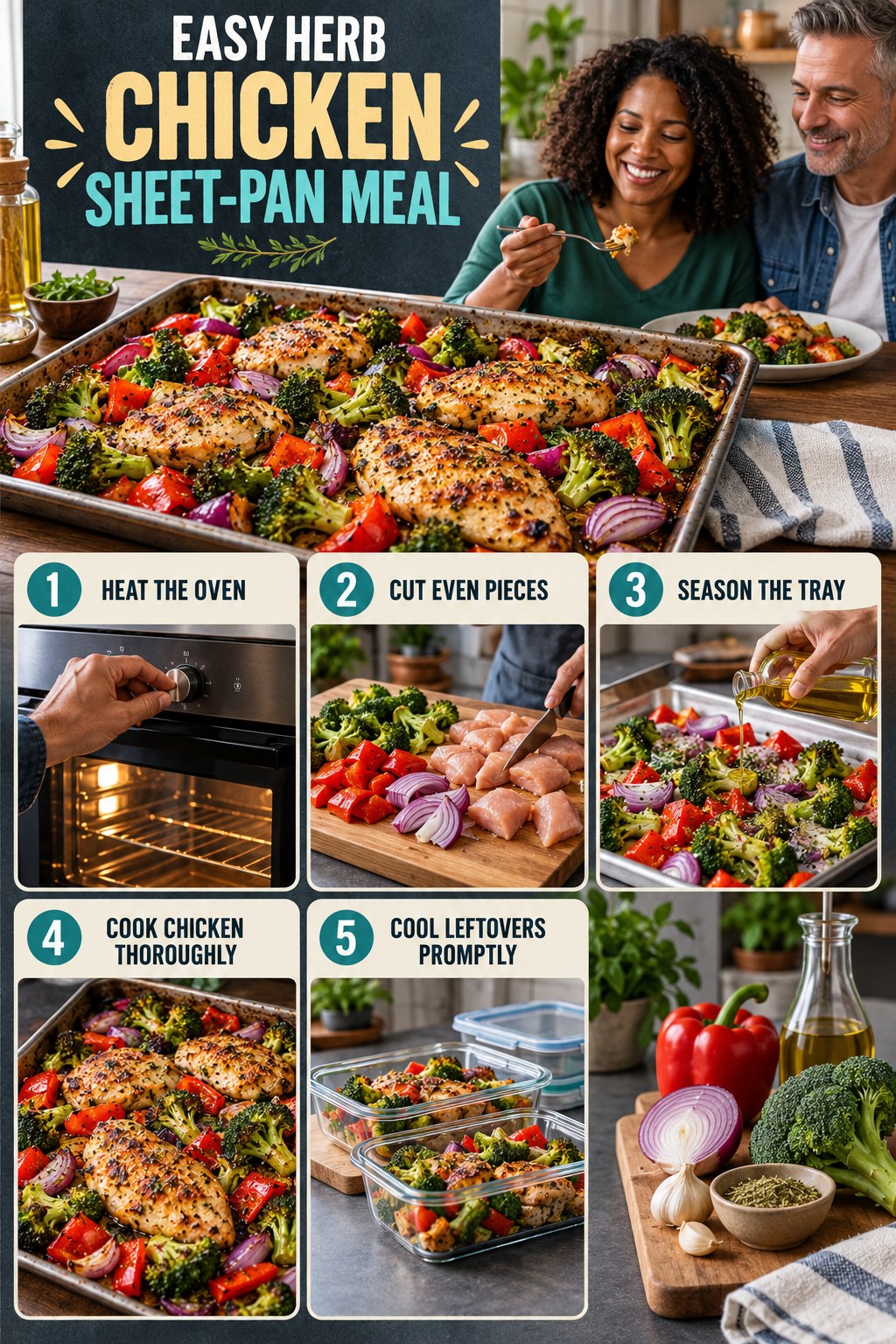 Easy Herb Chicken Sheet-Pan Meal for Low Carb Recipes with five readable preparation cues and a realistic finished dish.