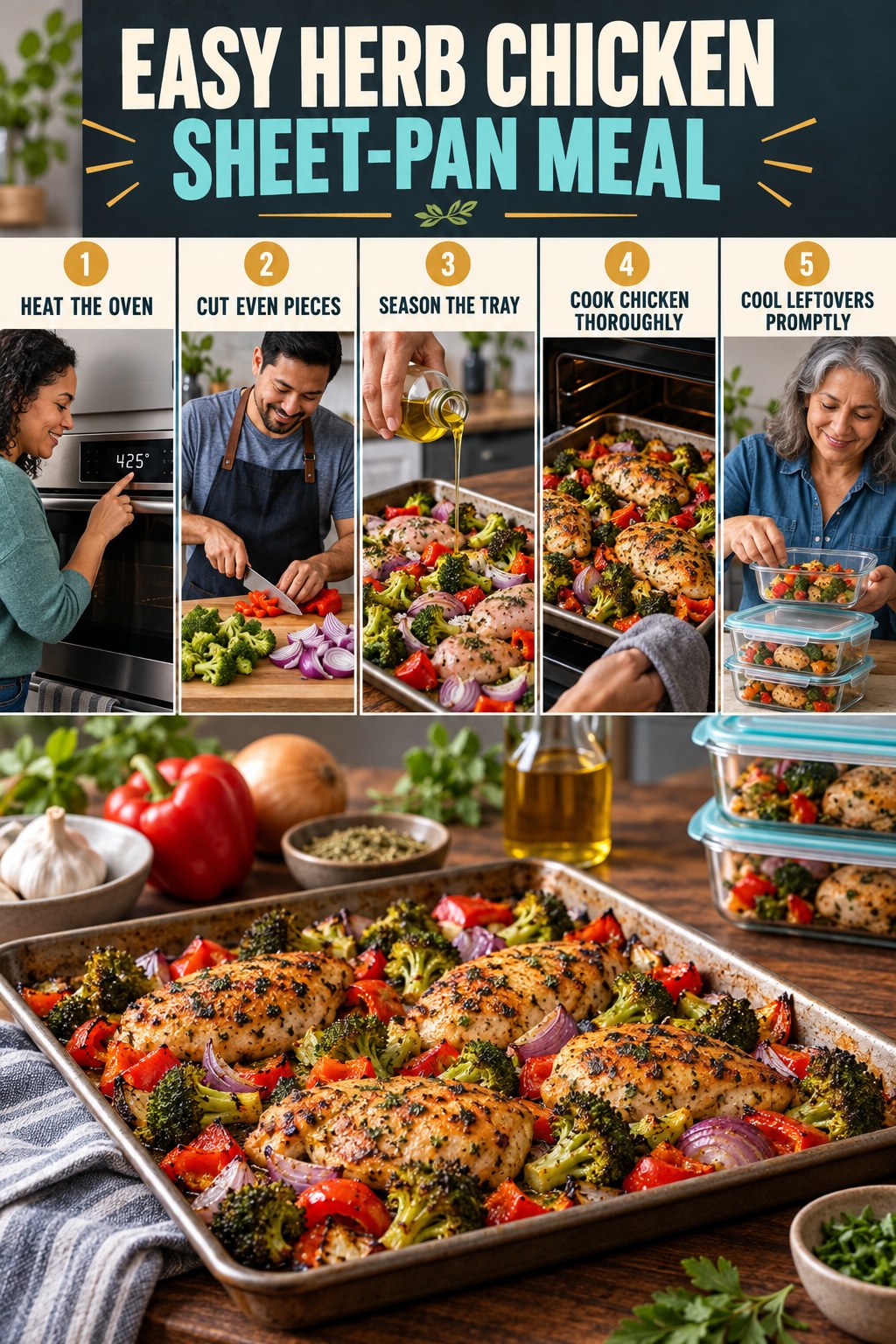 Easy Herb Chicken Sheet-Pan Meal for Meal Prep Ideas with five readable preparation cues and a realistic finished dish.