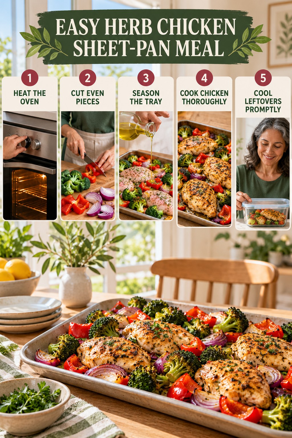Easy Herb Chicken Sheet-Pan Meal for Mediterranean Diet with five readable preparation cues and a realistic finished dish.