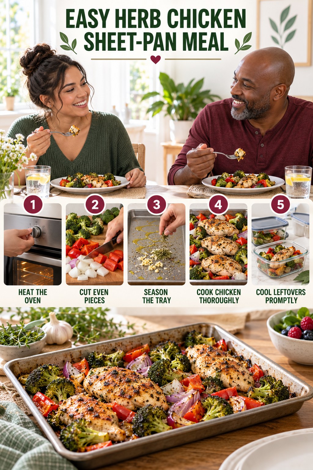 Easy Herb Chicken Sheet-Pan Meal for Weight Loss Recipes with five readable preparation cues and a realistic finished dish.
