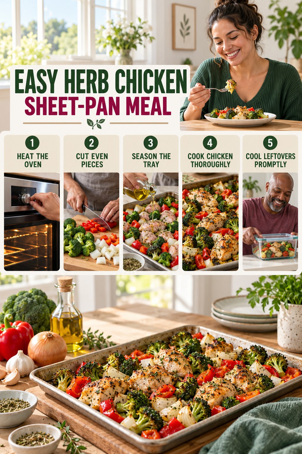 Easy Herb Chicken Sheet-Pan Meal for Weight Loss Smoothies with five readable preparation cues and a realistic finished dish.