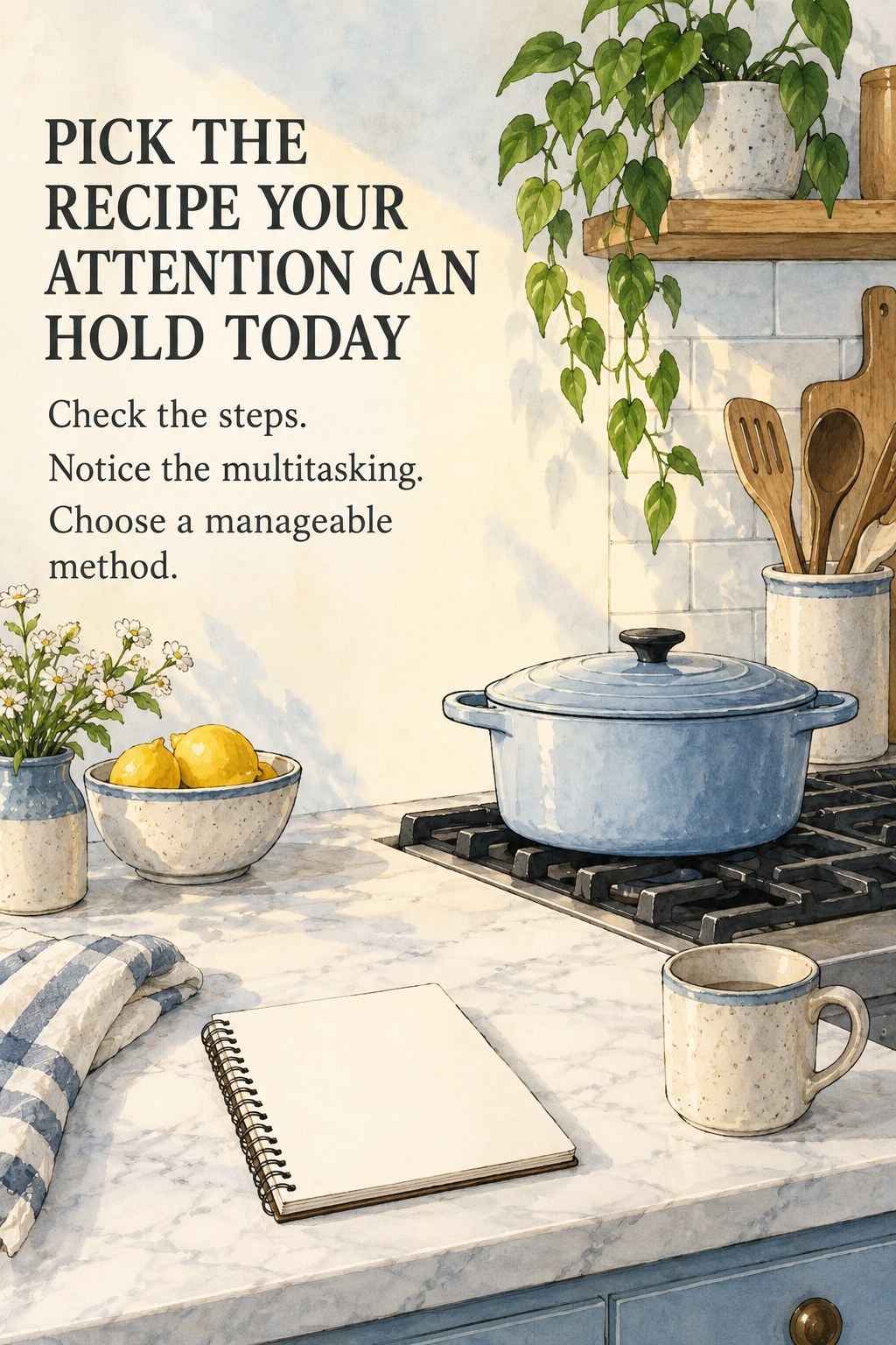 Simple pot on a quiet stovetop with a notebook and a reminder to choose a recipe suited to today's attention.