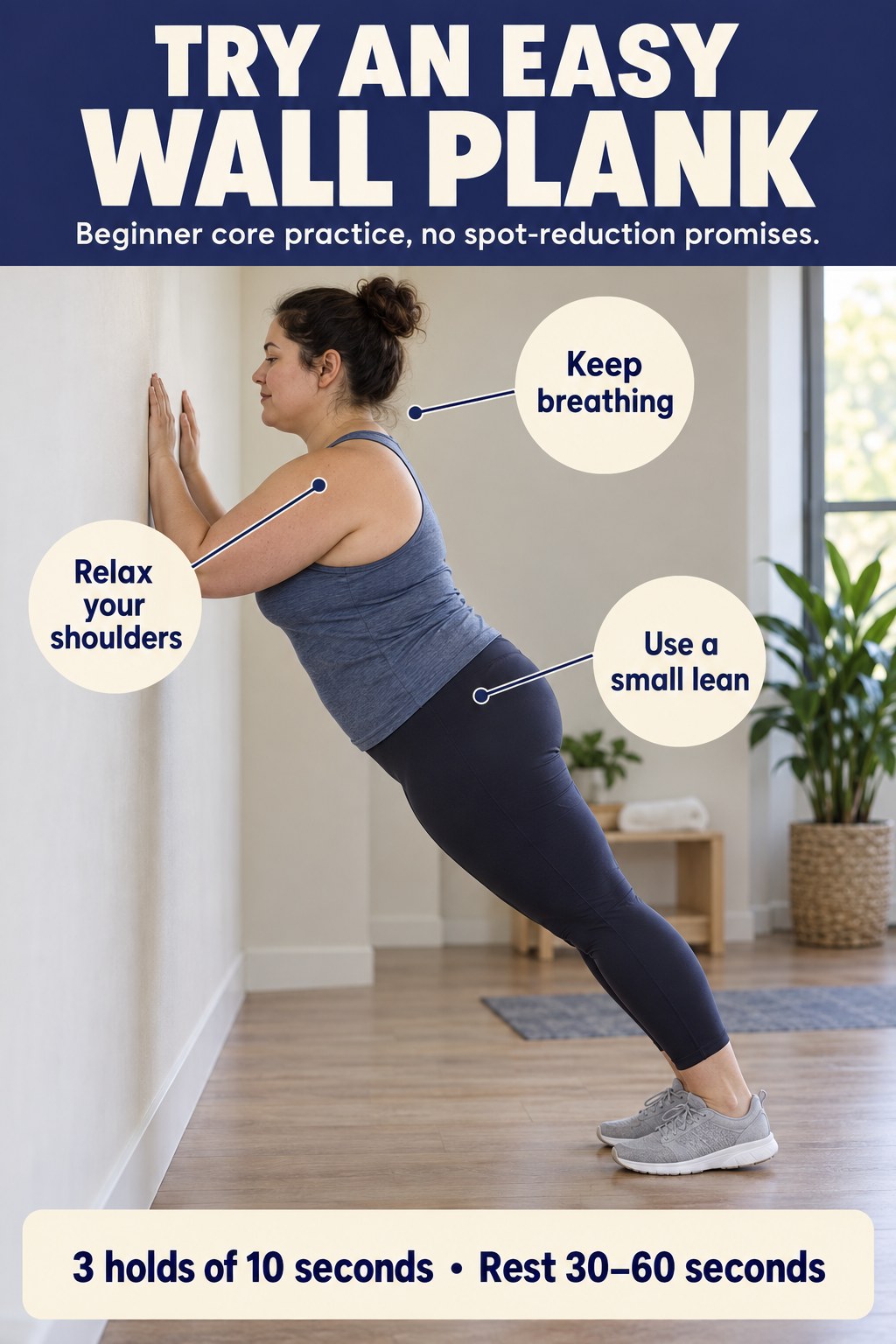 A woman leans gently on her forearms against a solid wall with breathing, shoulder, and short-hold reminders.