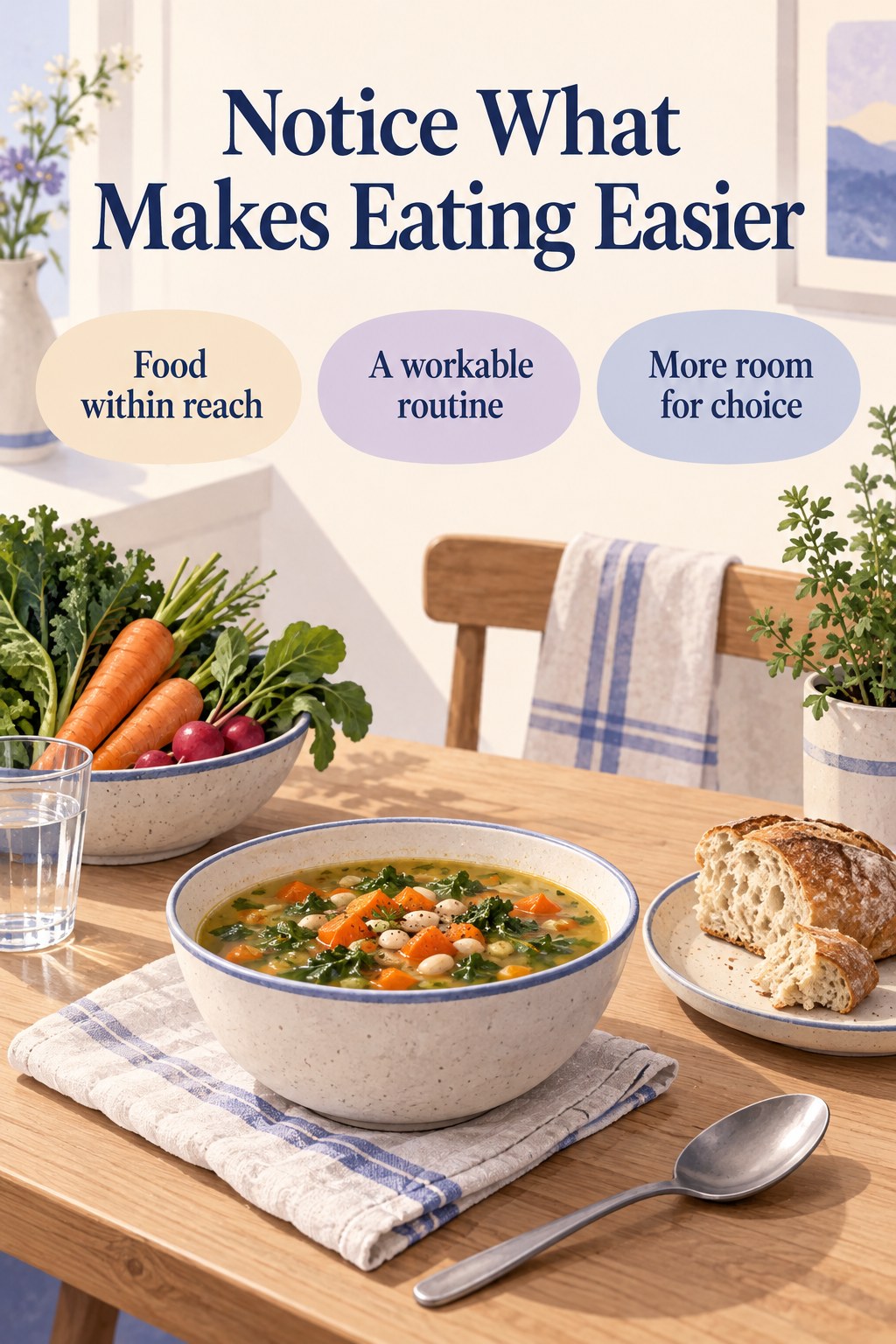 A relaxed lunch setting with the headline Notice What Makes Eating Easier and practical reflection prompts.