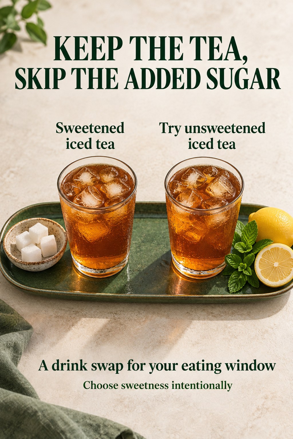Two amber iced tea glasses on an emerald tray compare sweetened and unsweetened tea for an eating-window drink swap.