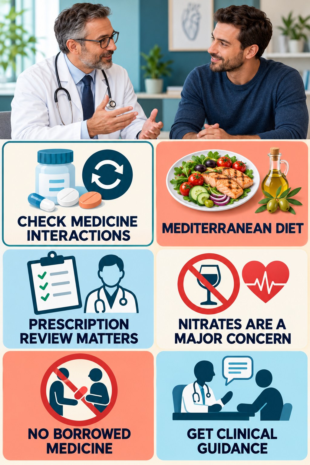 ED Medication Needs a Medication-Safety Check infographic for Mediterranean Diet with four concise, non-shaming sexual-health education points.