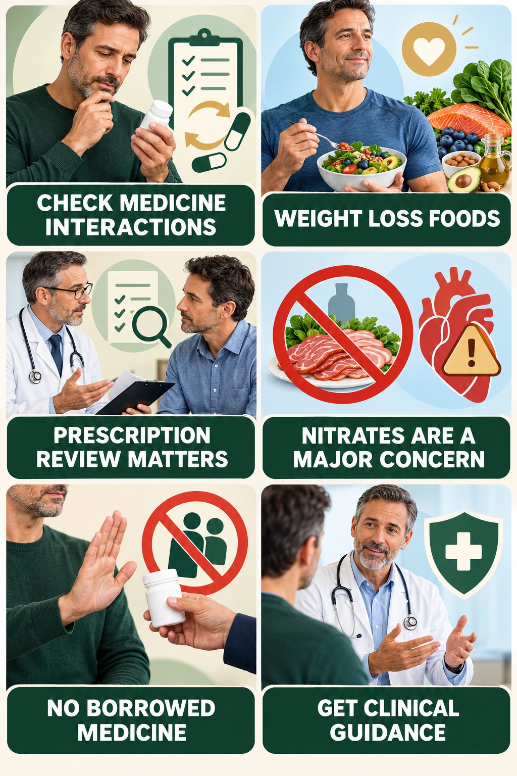 ED Medication Needs a Medication-Safety Check infographic for Weight Loss Foods with four concise, non-shaming sexual-health education points.