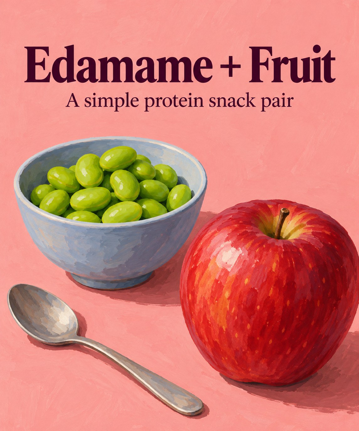 Small bowl of shelled edamame beside a red apple and a spoon.