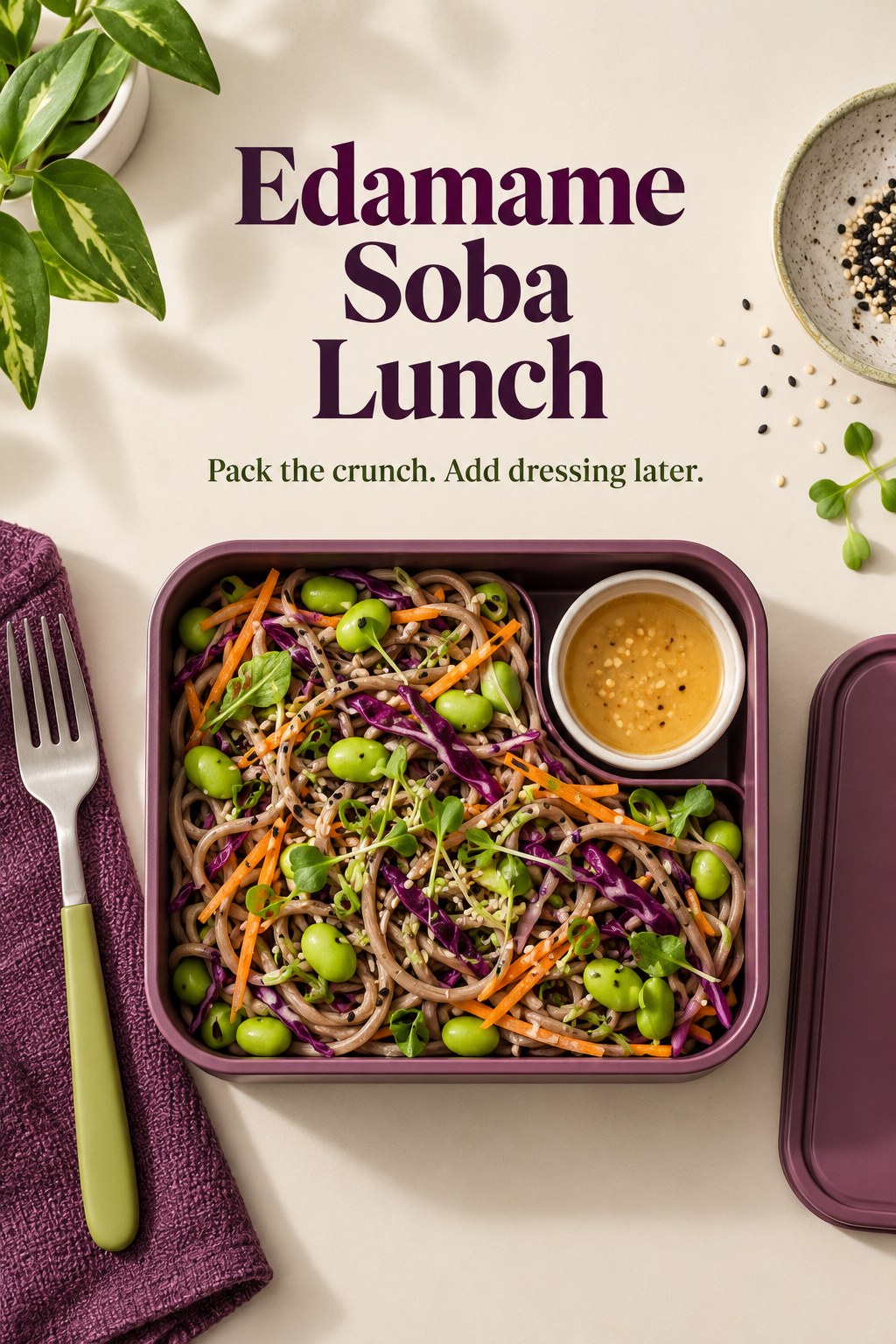Soba noodles with green edamame, shredded purple cabbage, carrots, and a small dressing cup.