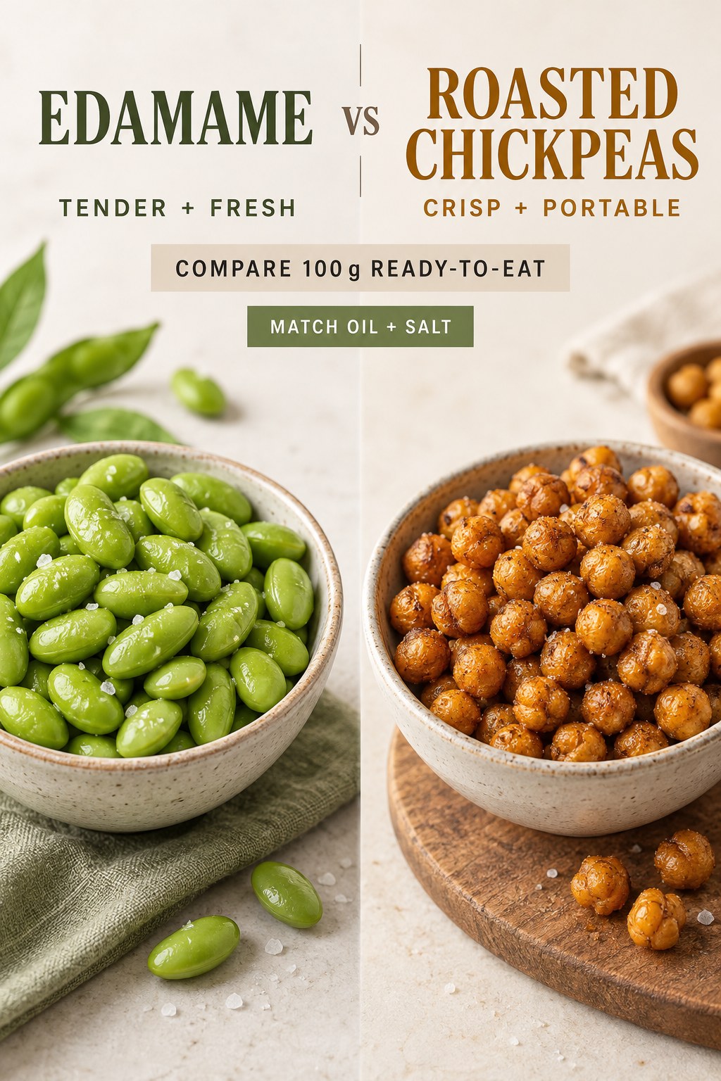 Cooked shelled edamame and crisp roasted chickpeas in equal snack portions with matching seasoning.