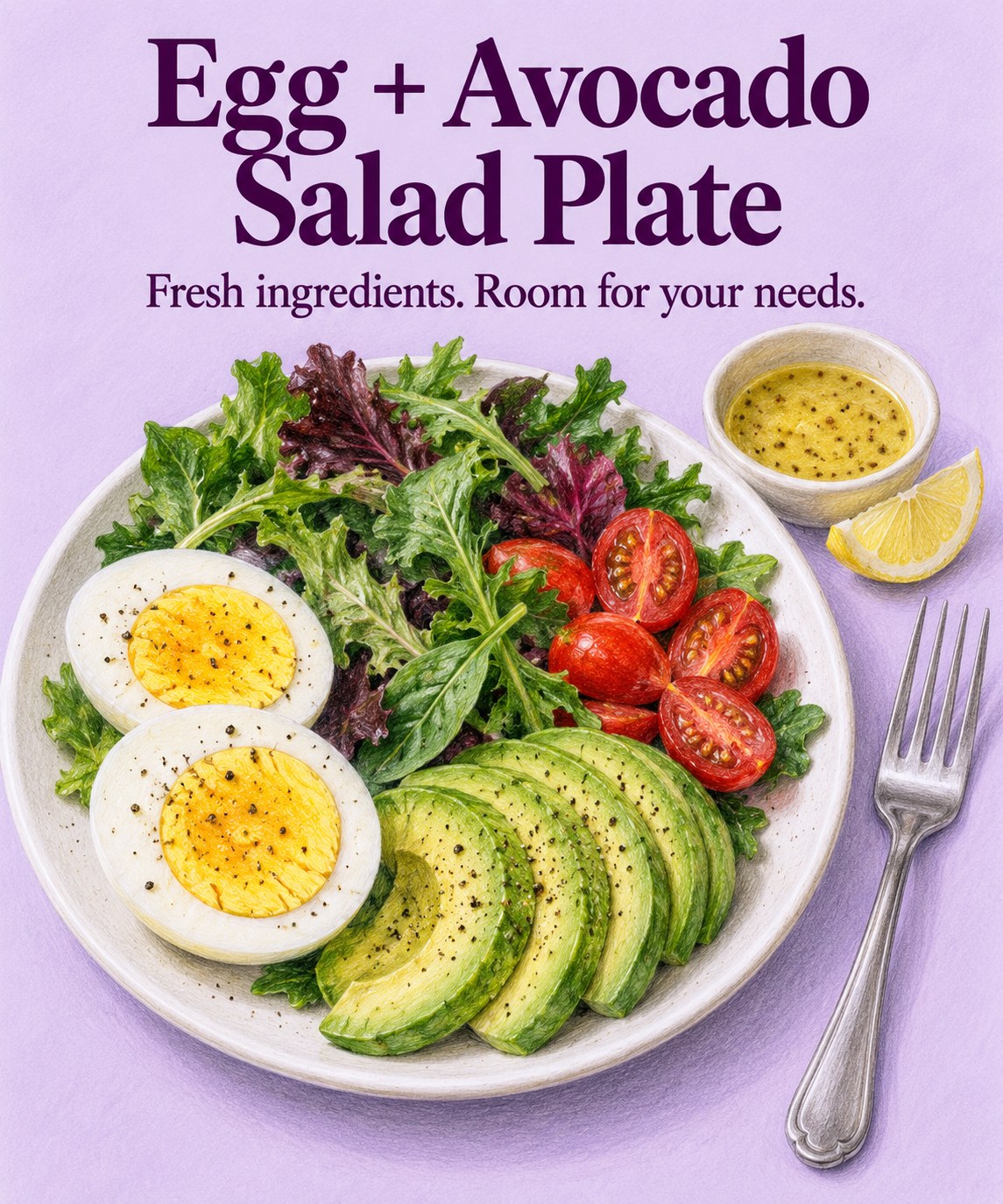 Hard-cooked egg halves, avocado, tomato, and greens on a plate with lemon dressing.