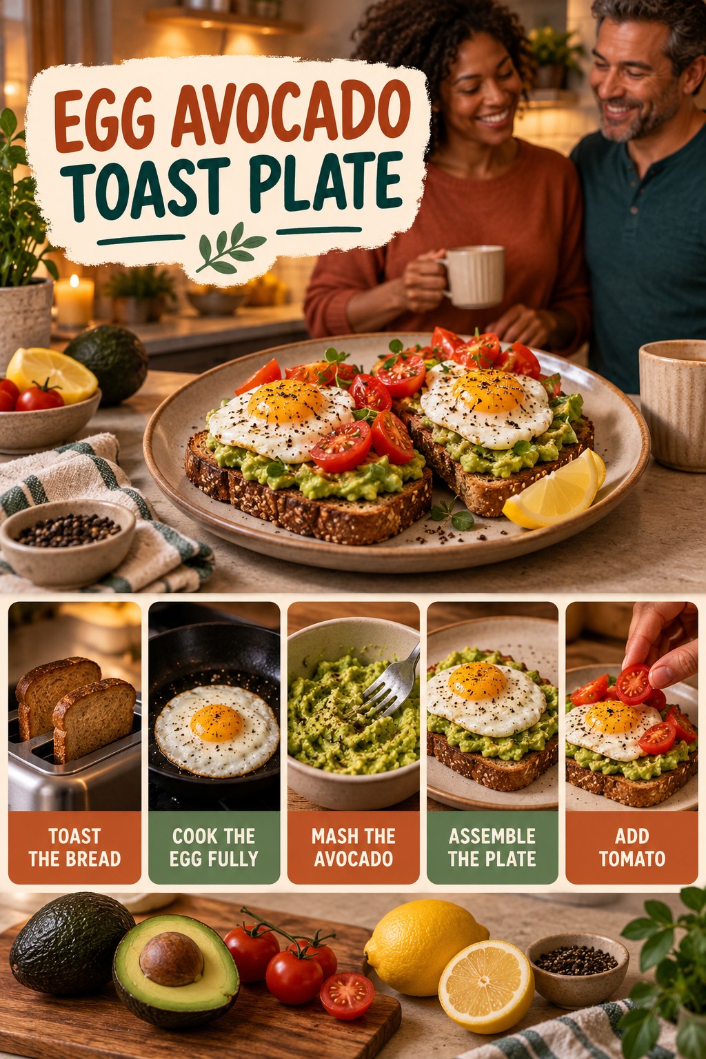 Egg Avocado Toast Plate for Walking for Weight Loss with five readable preparation cues and a realistic finished dish.