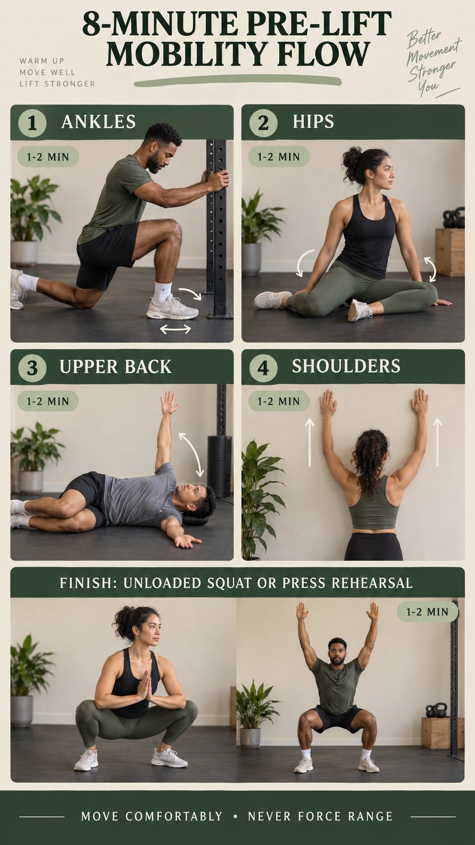 Portrait infographic showing an eight-minute mobility flow for ankles, hips, upper back, and shoulders before lifting