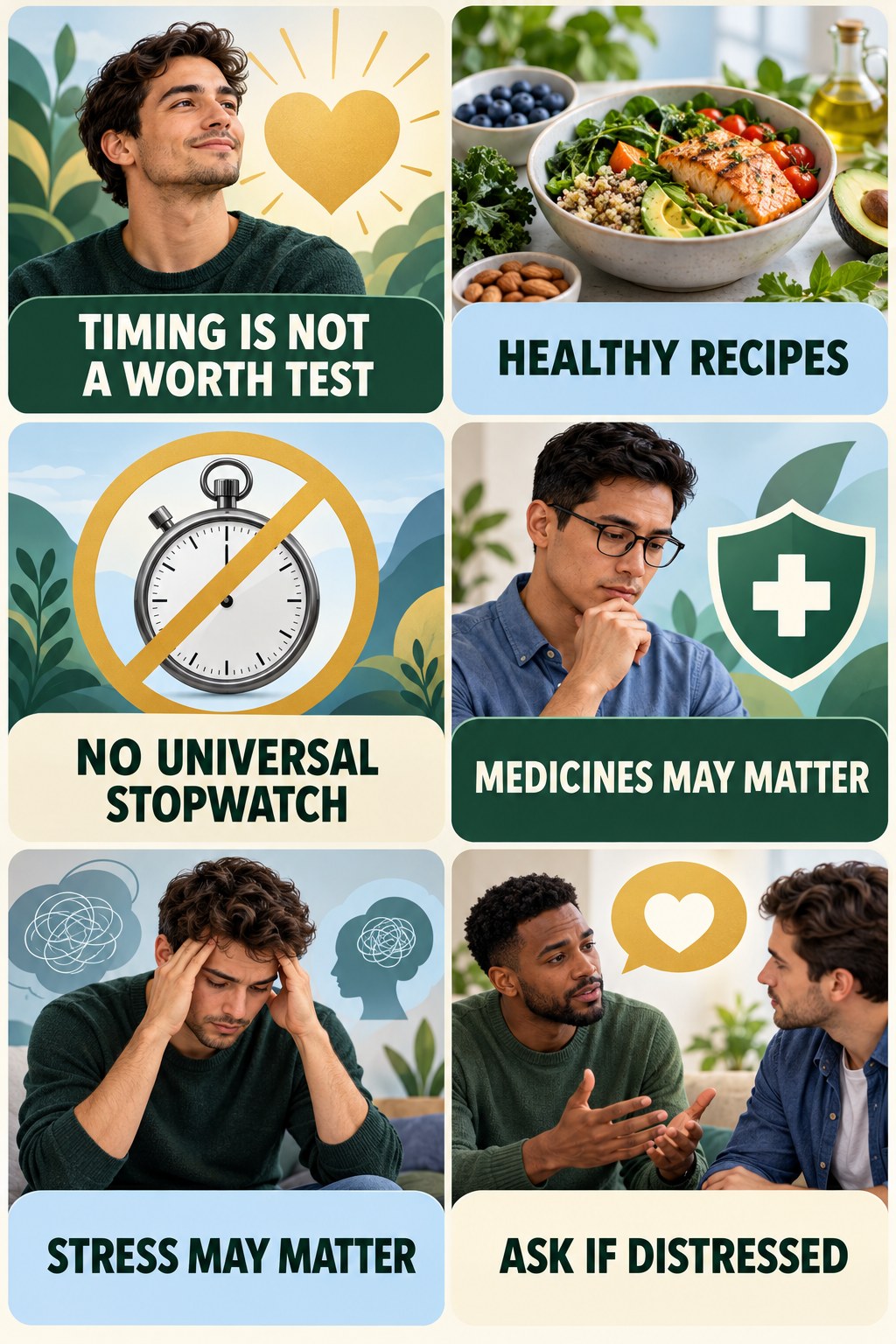 Ejaculation Concerns Need Medical Context infographic for Healthy Recipes with four concise, non-shaming sexual-health education points.