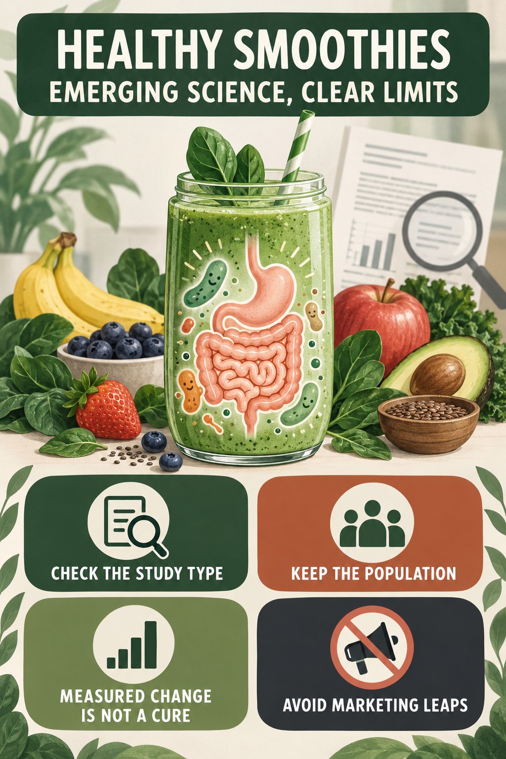 Emerging Science Without Marketing Hype educational infographic for Healthy Smoothies with four evidence-aware points.