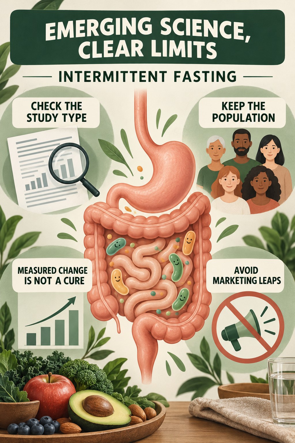 Emerging Science Without Marketing Hype educational infographic for Intermittent Fasting with four evidence-aware points.