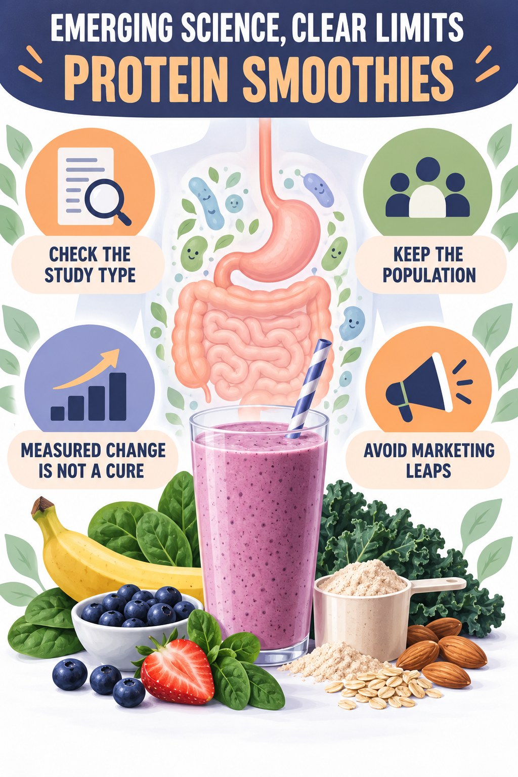 Emerging Science Without Marketing Hype educational infographic for Protein Smoothies with four evidence-aware points.