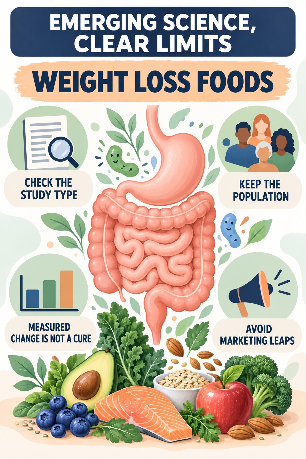 Emerging Science Without Marketing Hype educational infographic for Weight Loss Foods with four evidence-aware points.