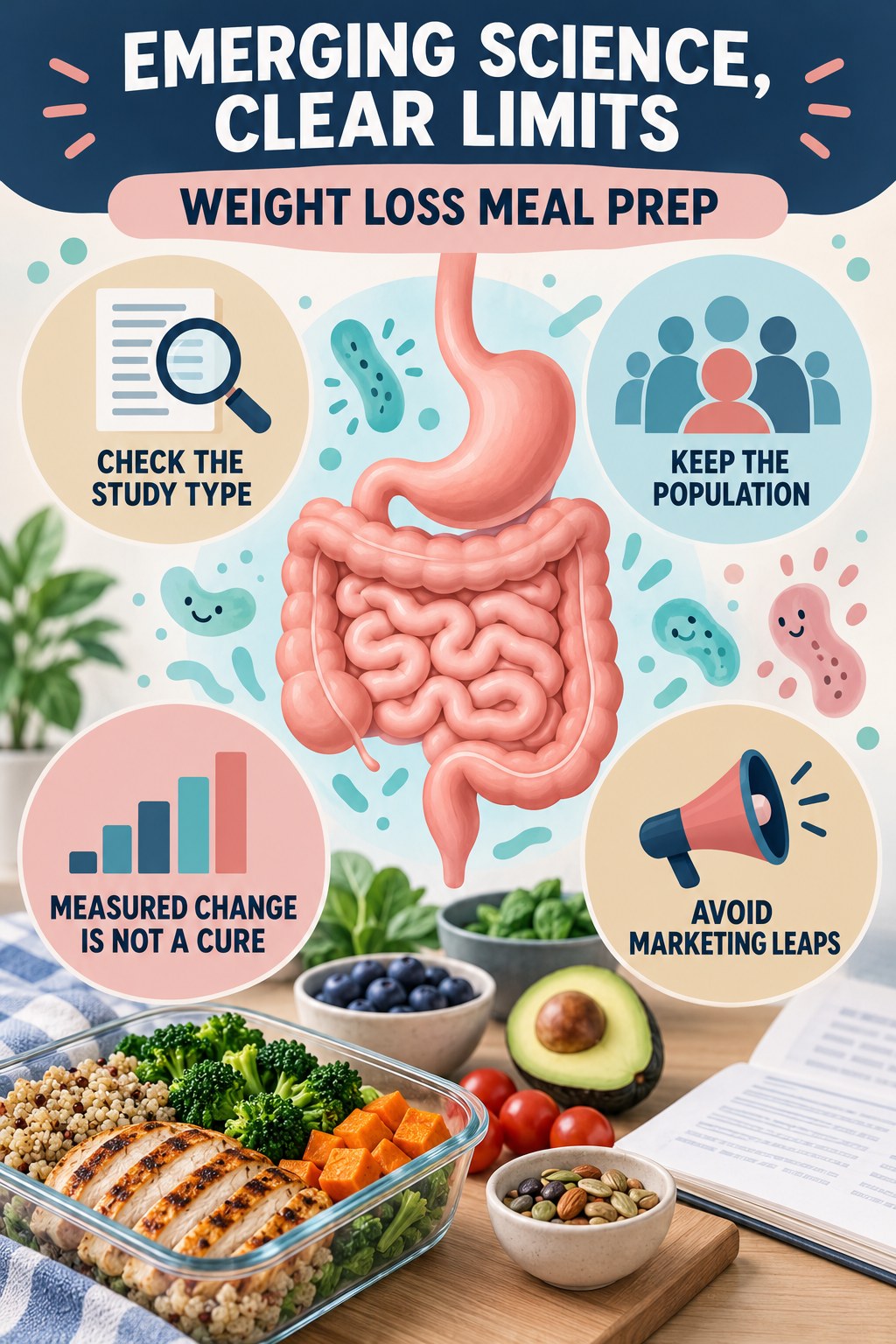 Emerging Science Without Marketing Hype educational infographic for Weight Loss Meal Prep with four evidence-aware points.