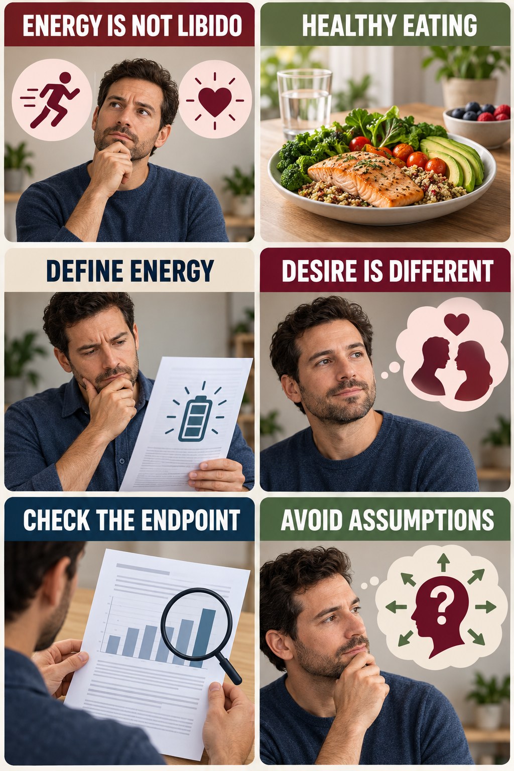 Energy Claims Are Not Libido Evidence evidence-literacy infographic for Healthy Eating with four concise claim-evaluation checks.