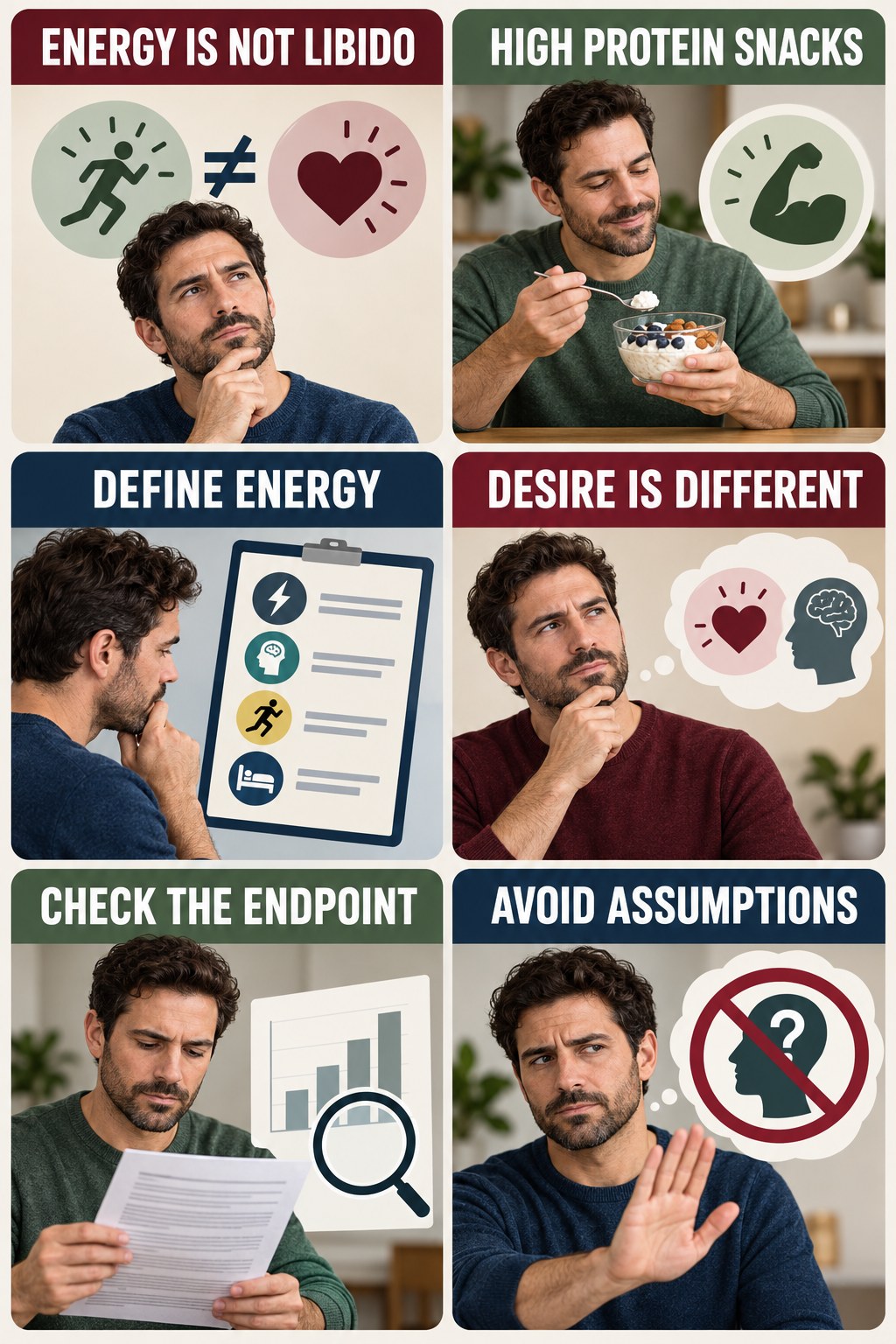 Energy Claims Are Not Libido Evidence evidence-literacy infographic for High Protein Snacks with four concise claim-evaluation checks.