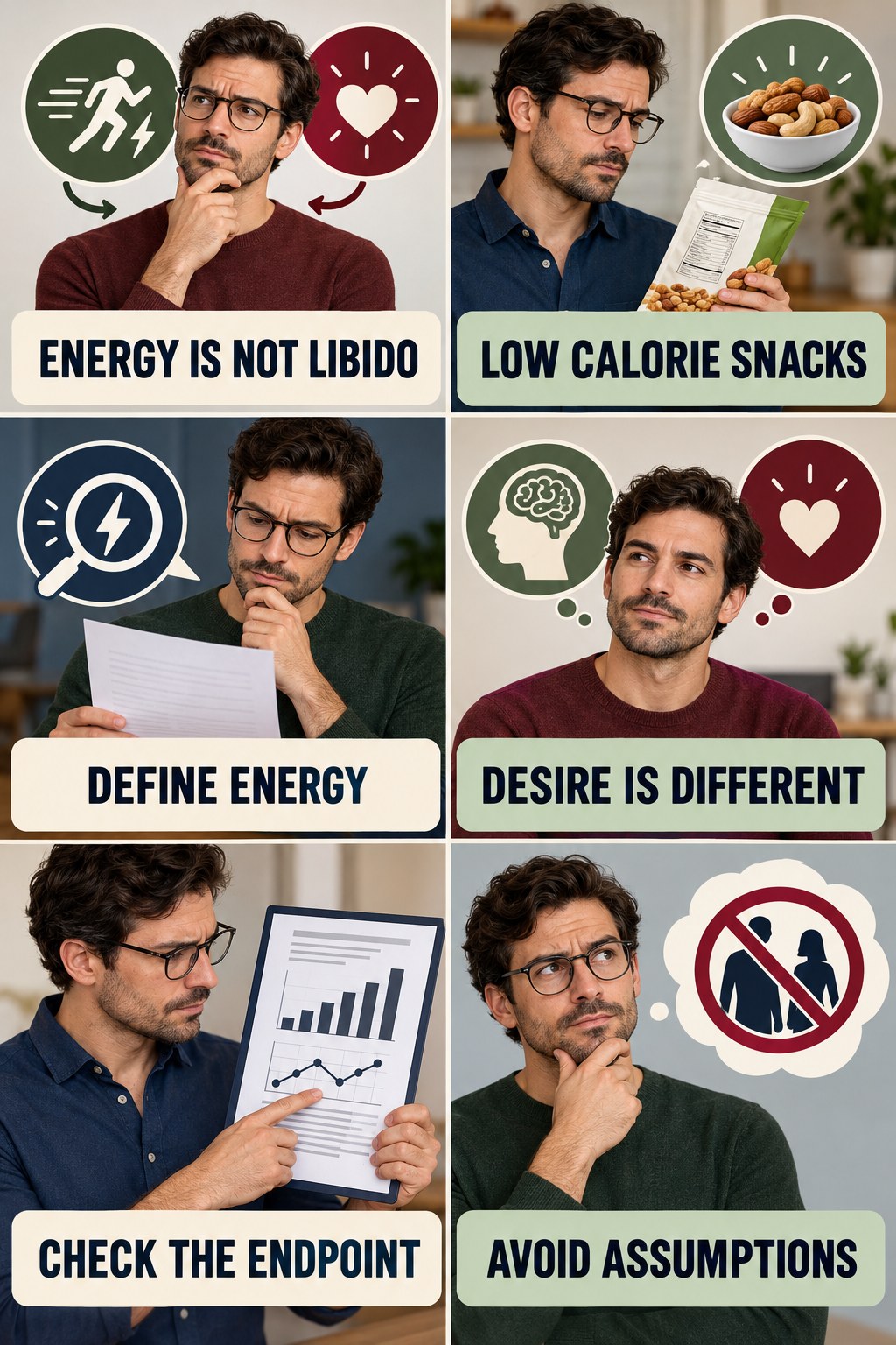 Energy Claims Are Not Libido Evidence evidence-literacy infographic for Low Calorie Snacks with four concise claim-evaluation checks.