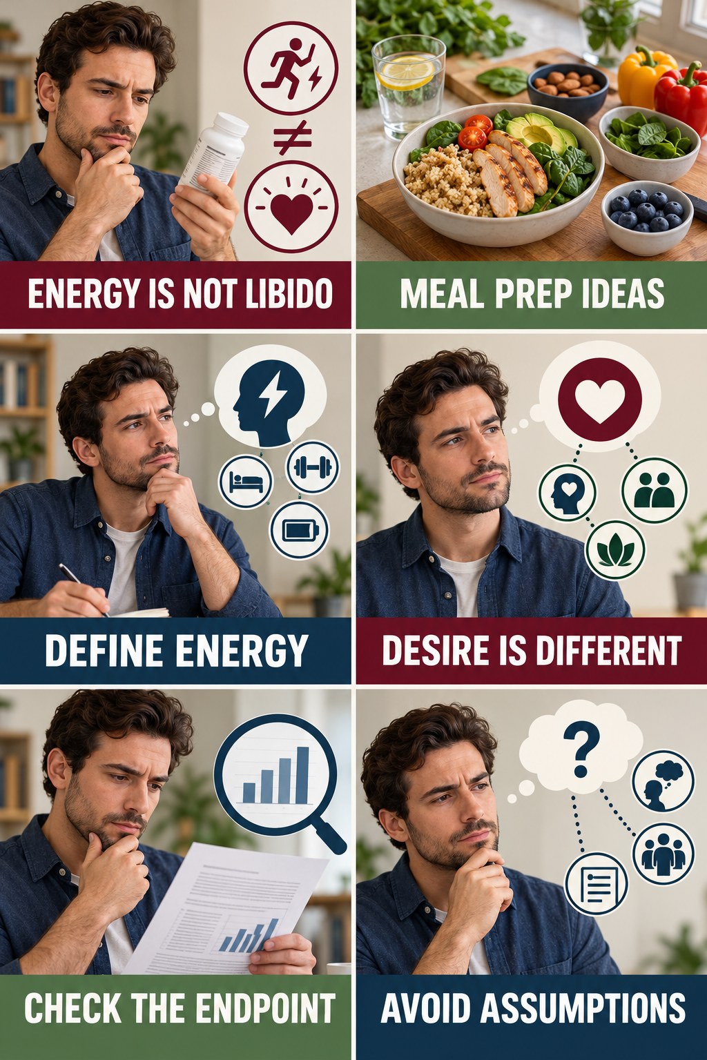 Energy Claims Are Not Libido Evidence evidence-literacy infographic for Meal Prep Ideas with four concise claim-evaluation checks.