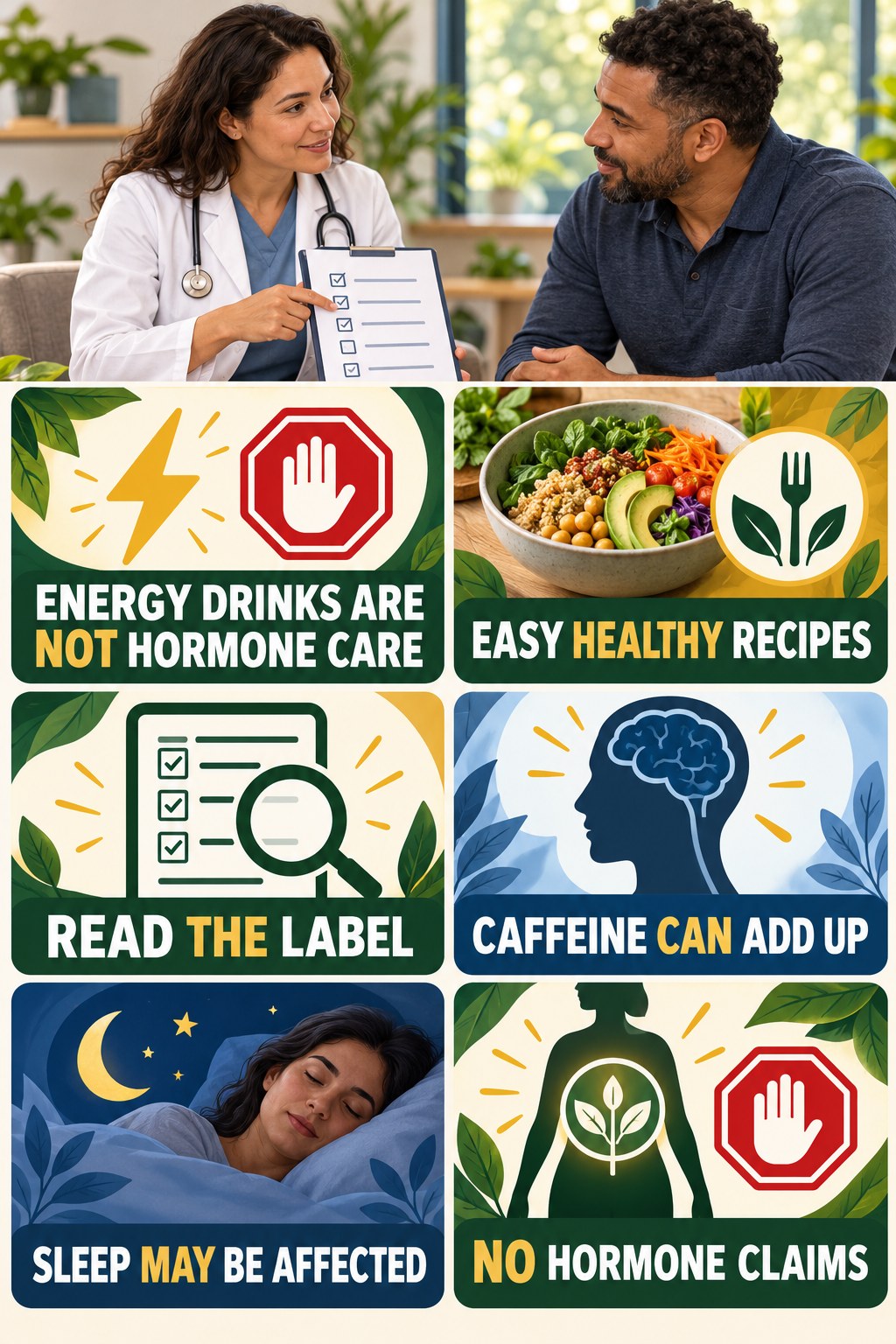 Energy Drinks Are Not Hormone Support natural-energy and hormone-health-literacy infographic for Easy Healthy Recipes with four practical checks.