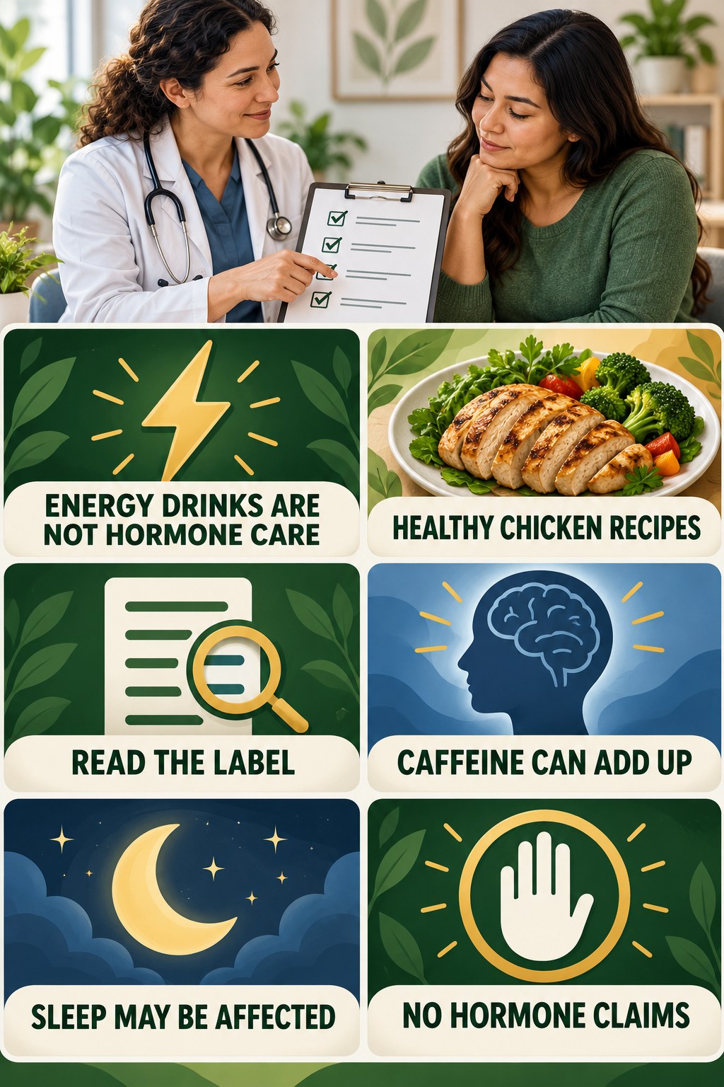 Energy Drinks Are Not Hormone Support natural-energy and hormone-health-literacy infographic for Healthy Chicken Recipes with four practical checks.