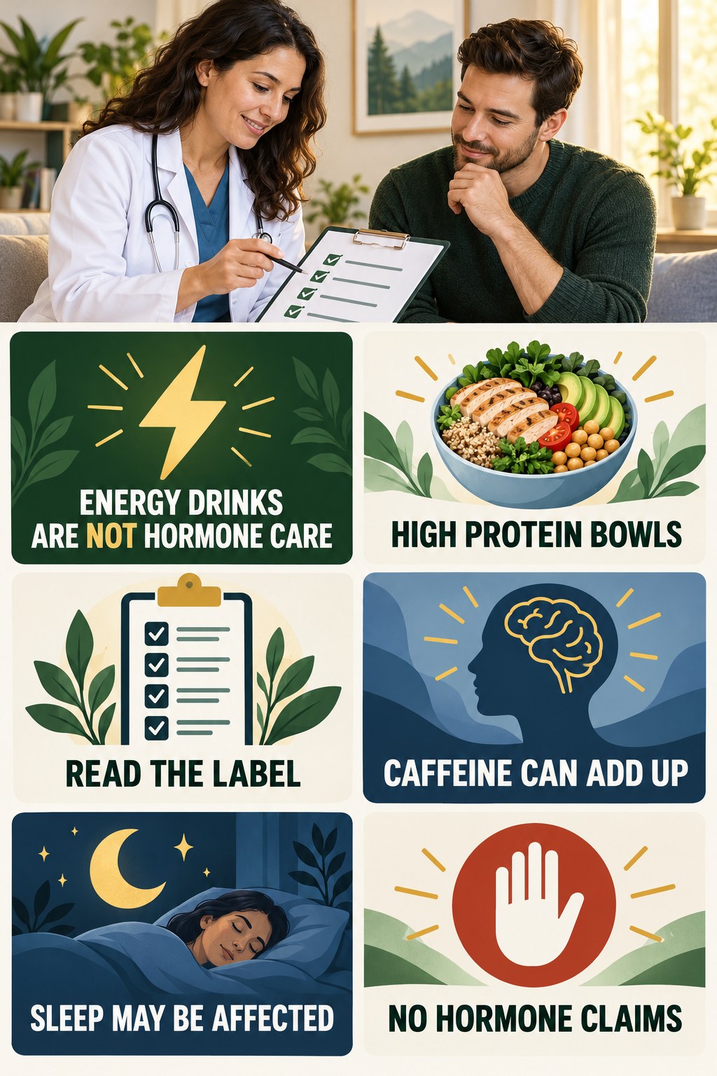 Energy Drinks Are Not Hormone Support natural-energy and hormone-health-literacy infographic for High Protein Bowls with four practical checks.
