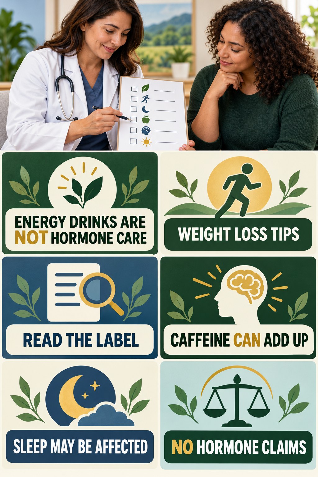 Energy Drinks Are Not Hormone Support natural-energy and hormone-health-literacy infographic for Weight Loss Tips with four practical checks.