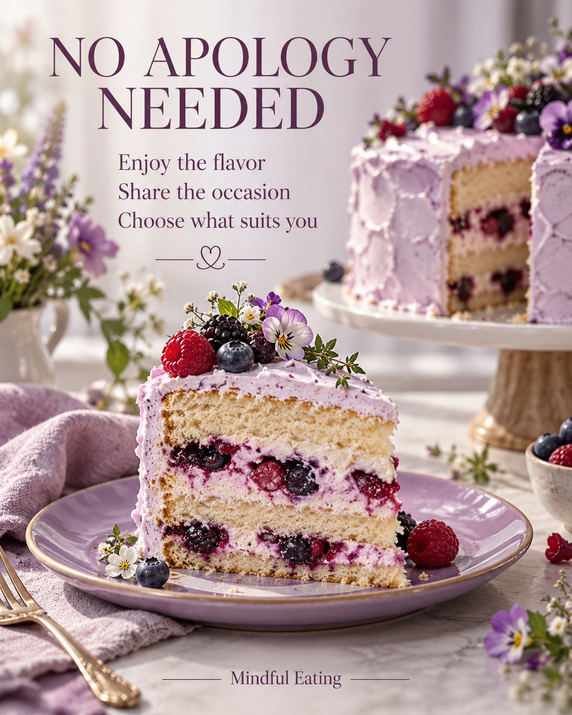A slice of berry celebration cake beside flowers with a message that dessert needs no apology.