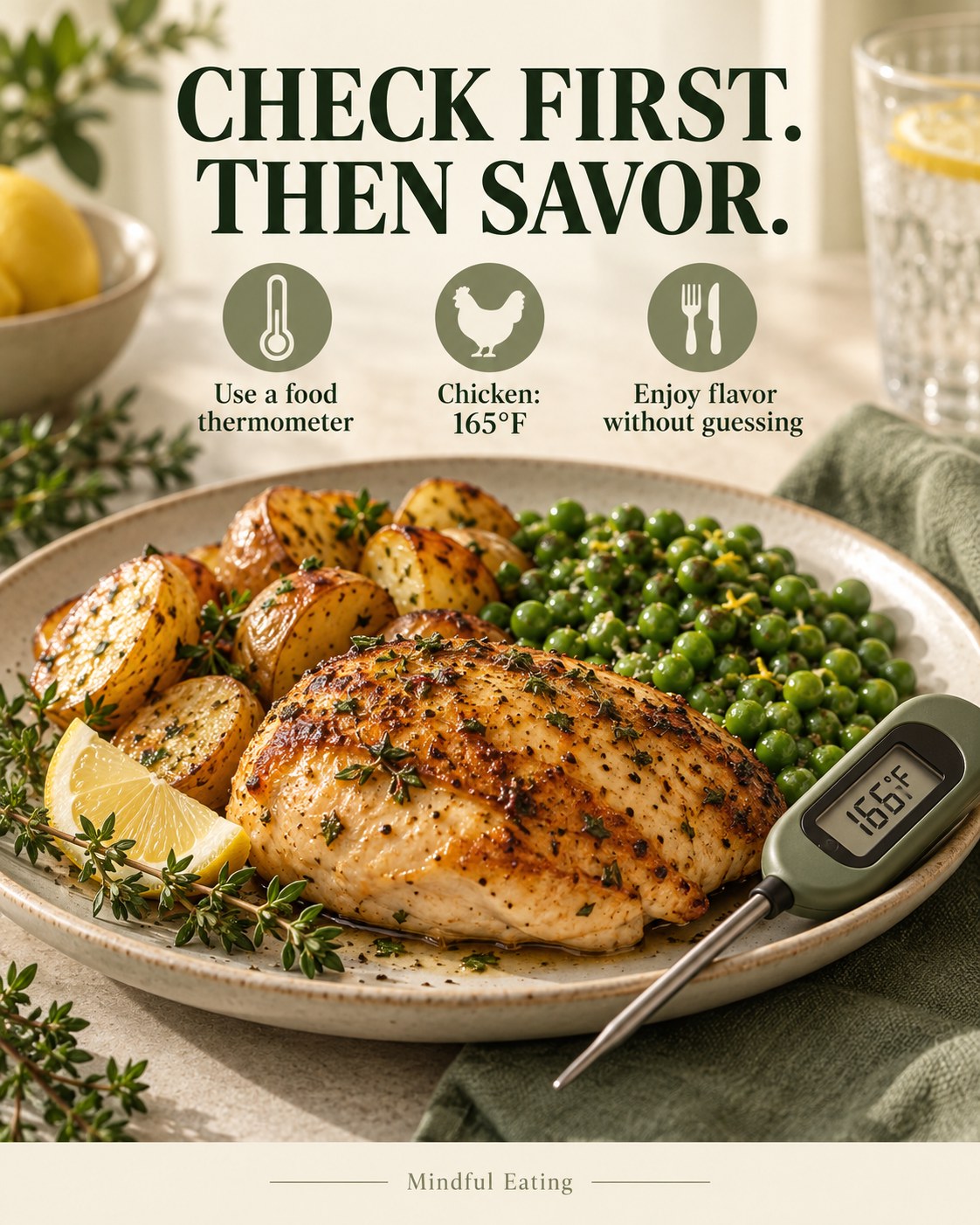 Lemon chicken, potatoes and peas with a thermometer and a reminder to check safety before tasting.
