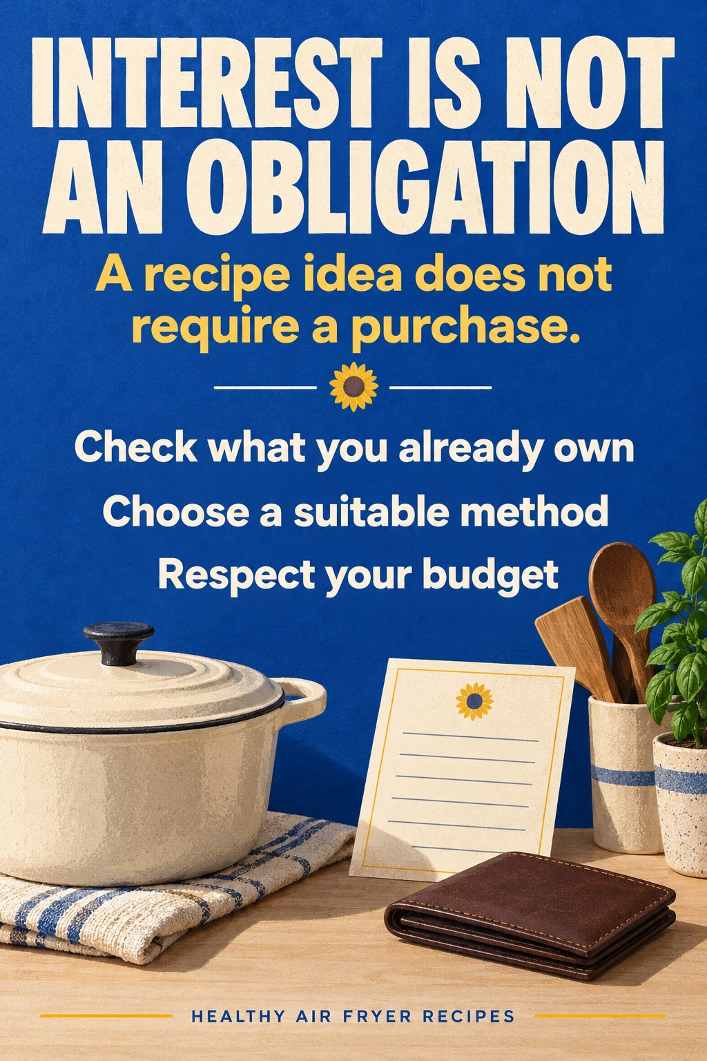 Minimal illustration of a familiar cooking pot and closed wallet beneath a message that inspiration does not require a purchase