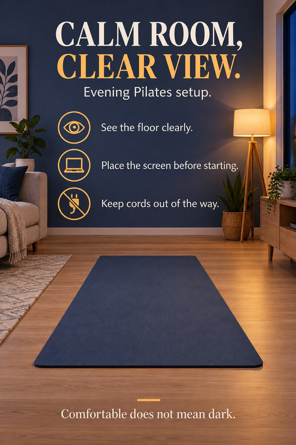 Pilates mat in an evenly lit room with a stable floor lamp outside the clear movement area.