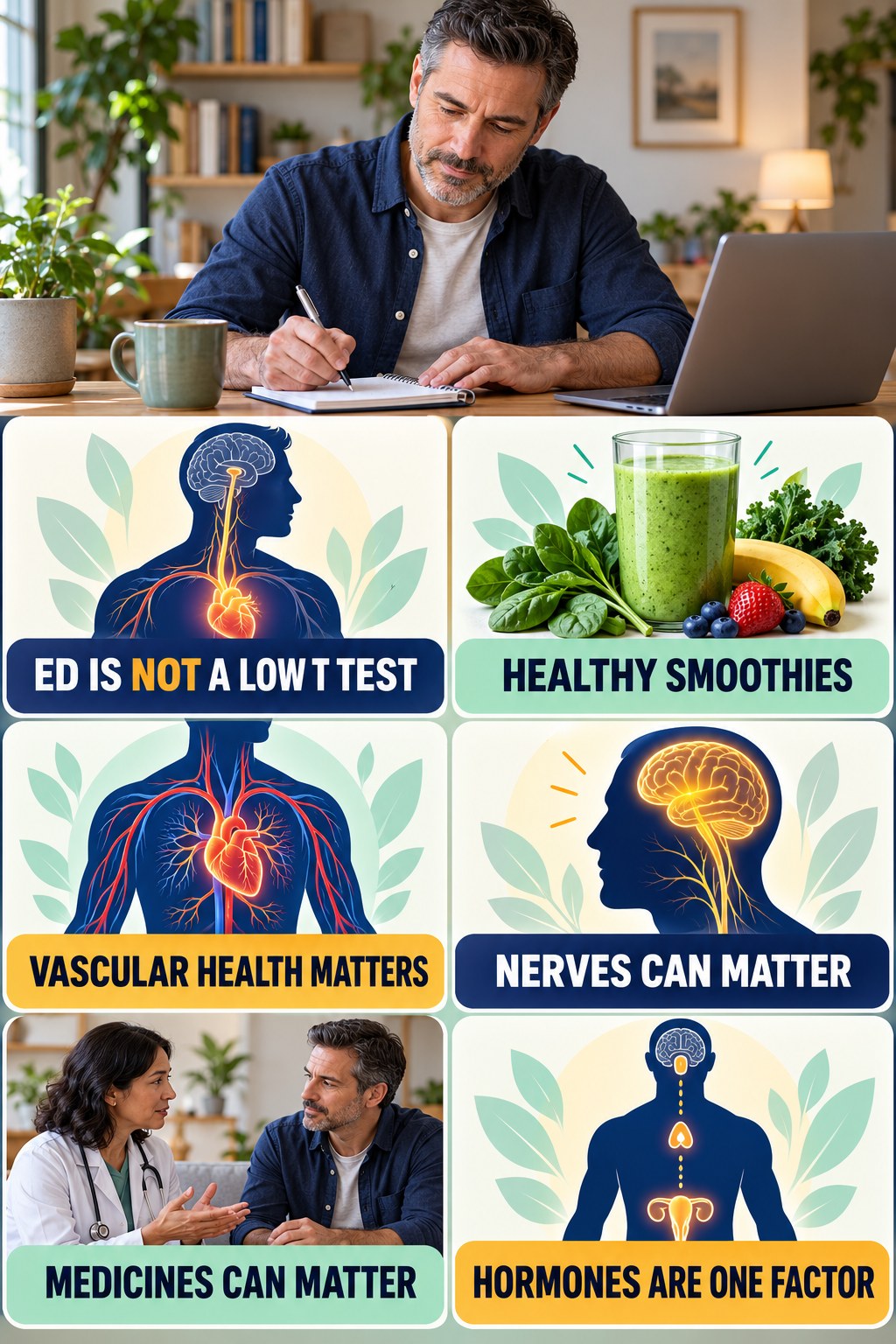 Erectile Changes Have Many Possible Causes testosterone-health-awareness infographic for Healthy Smoothies with four concise educational checks.