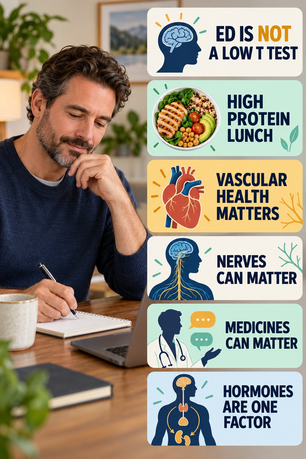 Erectile Changes Have Many Possible Causes testosterone-health-awareness infographic for High Protein Lunch with four concise educational checks.