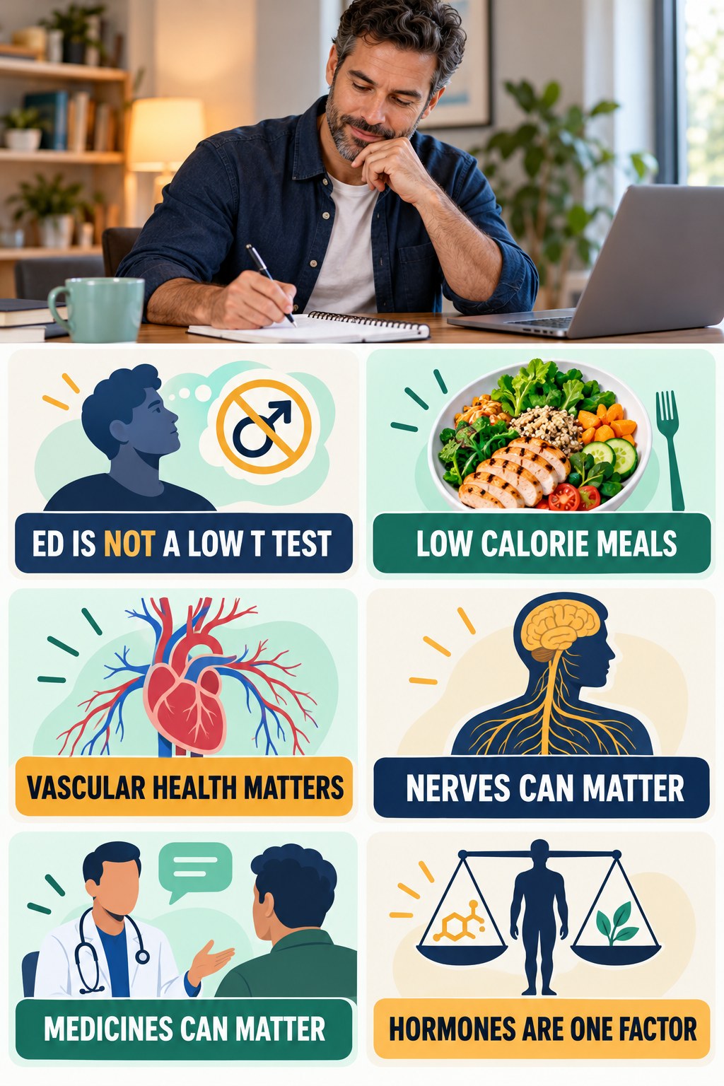 Erectile Changes Have Many Possible Causes testosterone-health-awareness infographic for Low Calorie Meals with four concise educational checks.