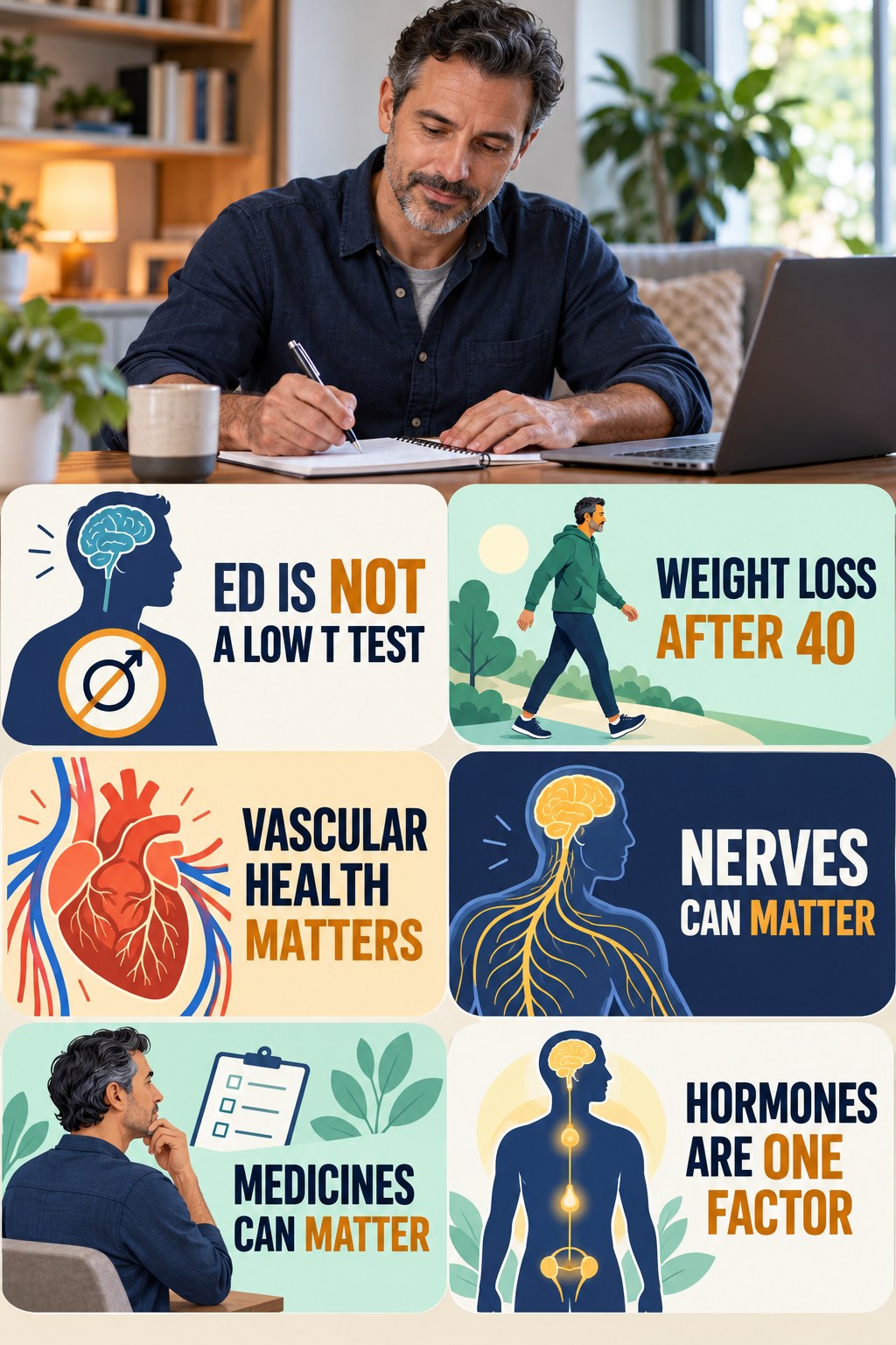 Erectile Changes Have Many Possible Causes testosterone-health-awareness infographic for Weight Loss After 40 with four concise educational checks.