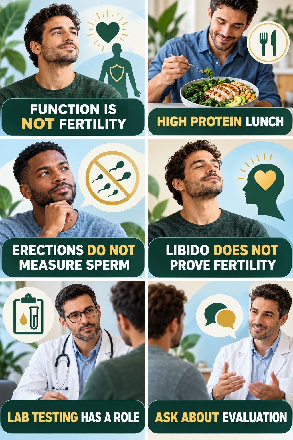 Erections and Fertility Are Different infographic for High Protein Lunch with four concise, non-shaming sexual-health education points.