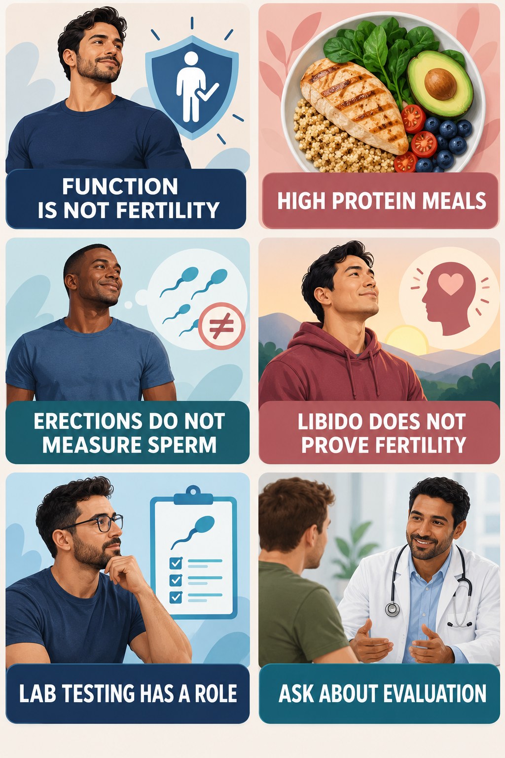 Erections and Fertility Are Different infographic for High Protein Meals with four concise, non-shaming sexual-health education points.
