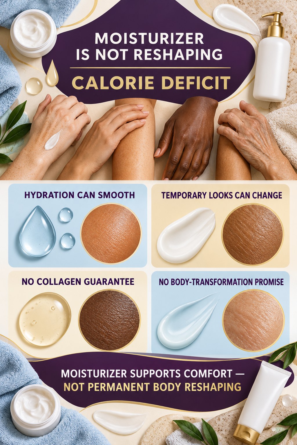 Evaluate Firming and Transformation Claims body-moisturization infographic for Calorie Deficit with four body-neutral comfort actions.