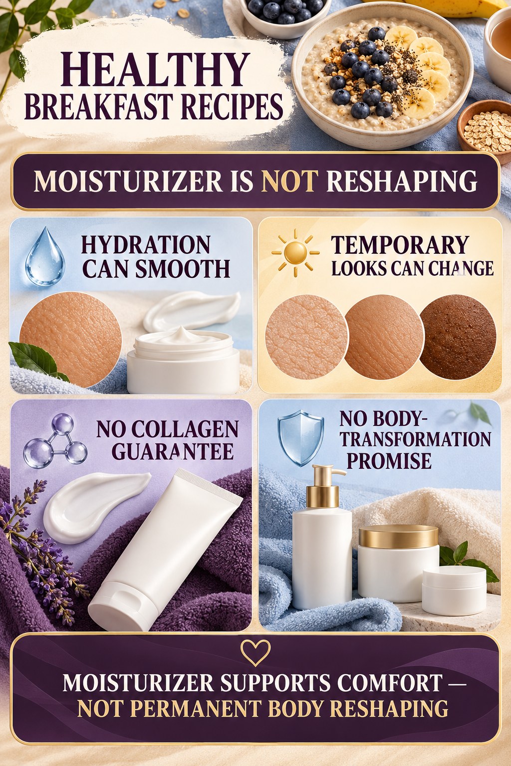 Evaluate Firming and Transformation Claims body-moisturization infographic for Healthy Breakfast Recipes with four body-neutral comfort actions.