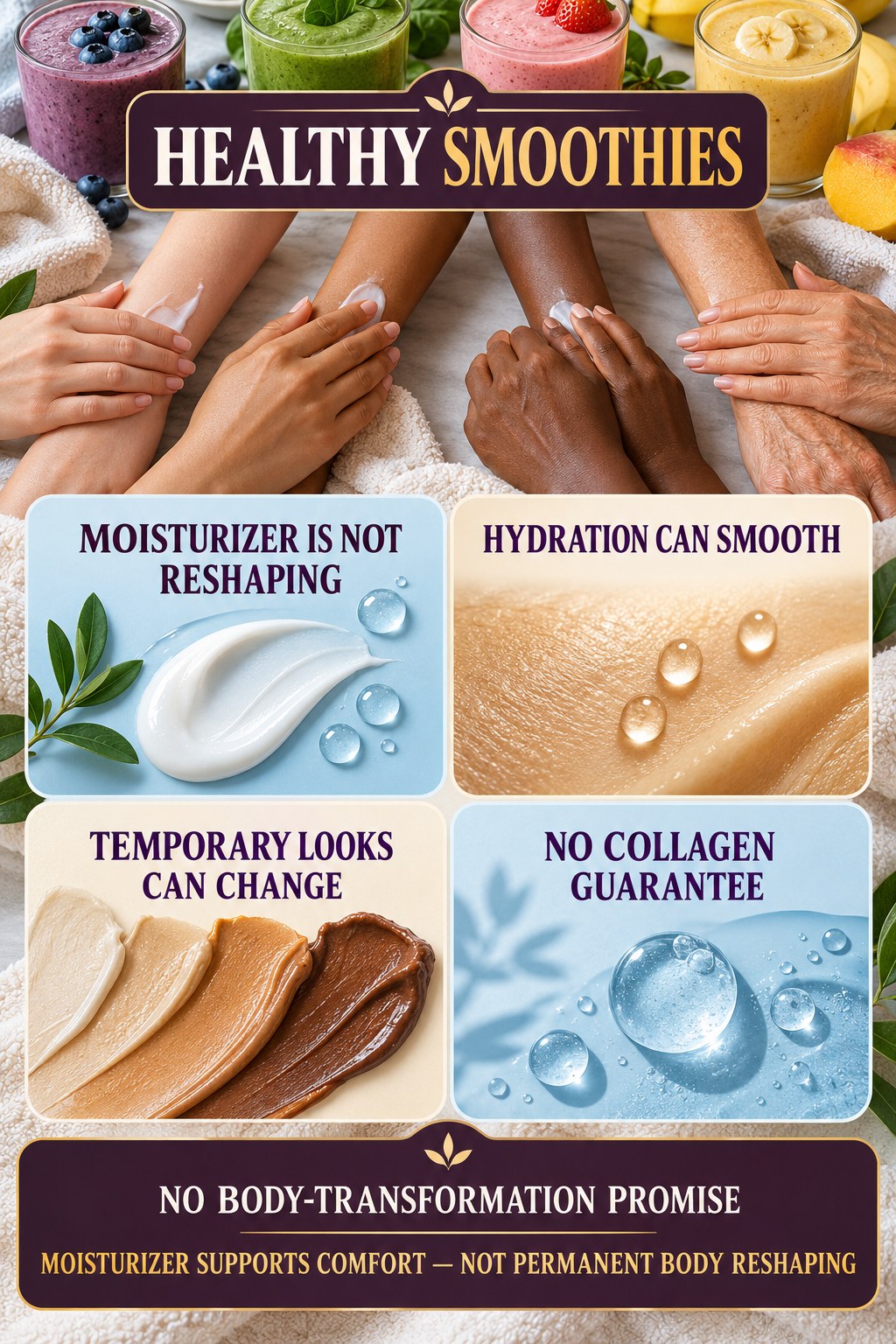 Evaluate Firming and Transformation Claims body-moisturization infographic for Healthy Smoothies with four body-neutral comfort actions.