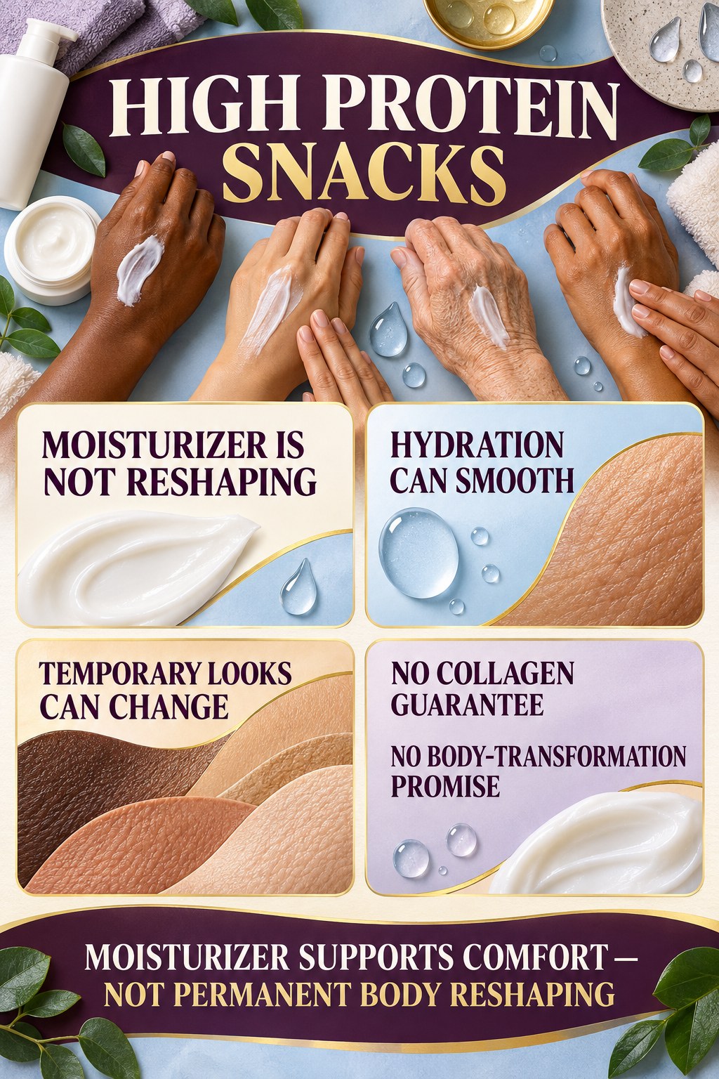 Evaluate Firming and Transformation Claims body-moisturization infographic for High Protein Snacks with four body-neutral comfort actions.