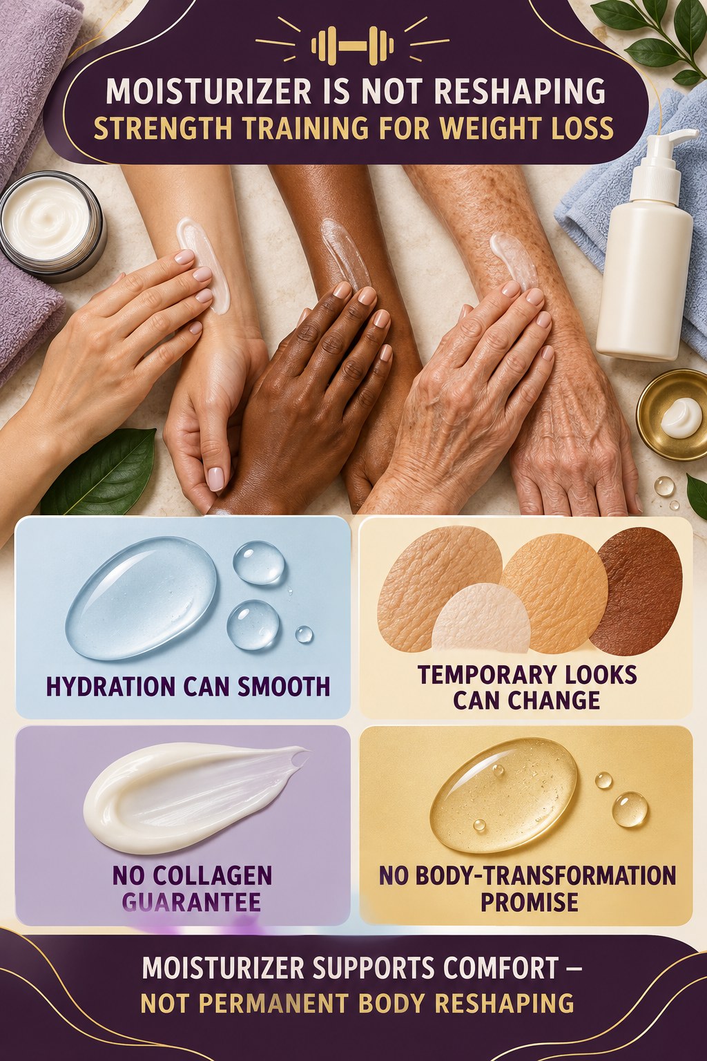 Evaluate Firming and Transformation Claims body-moisturization infographic for Strength Training for Weight Loss with four body-neutral comfort actions.
