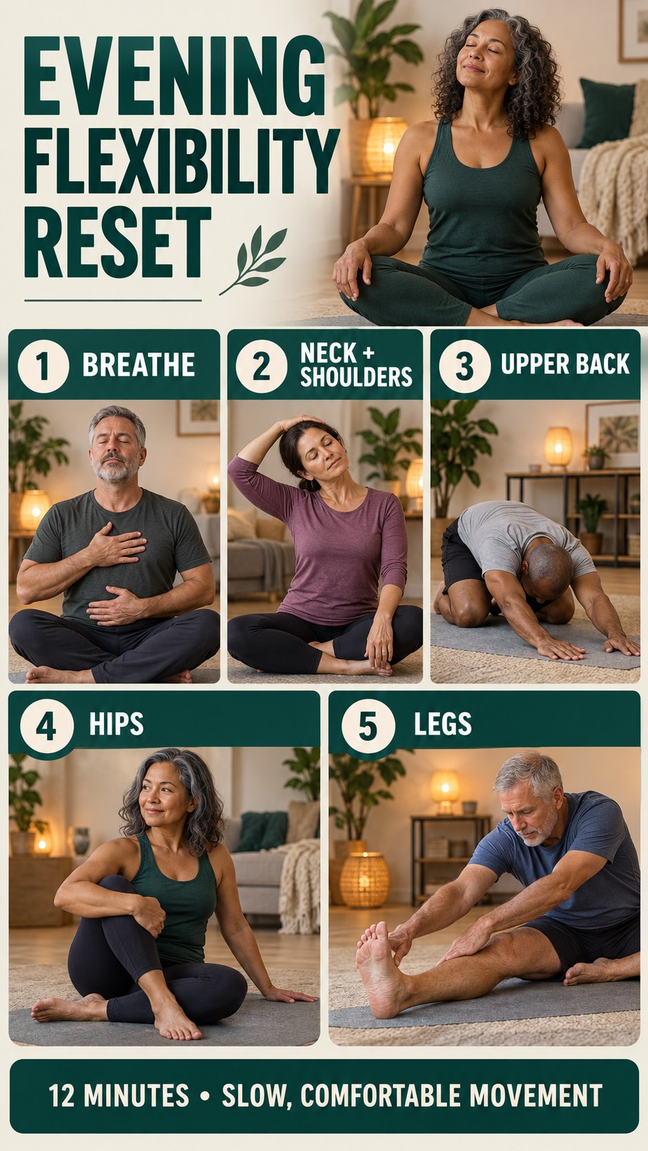 Vertical infographic showing a gentle evening flexibility routine for adults after a busy day