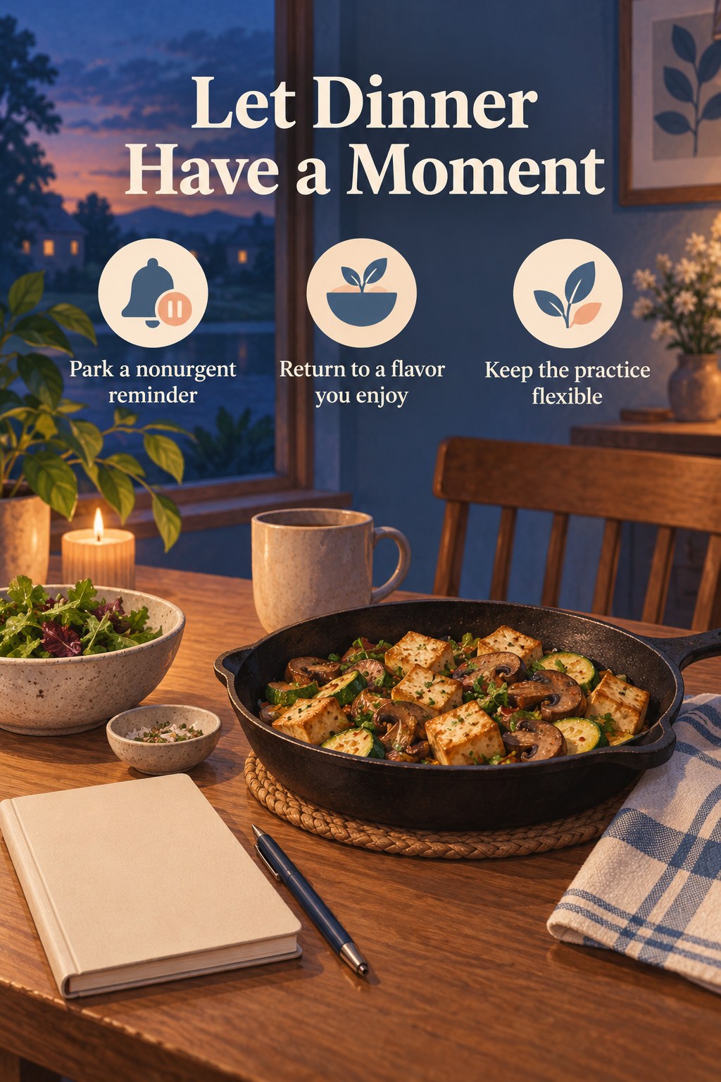 Tofu, mushroom, and zucchini skillet dinner beside a closed notebook with a headline about making room for the meal.