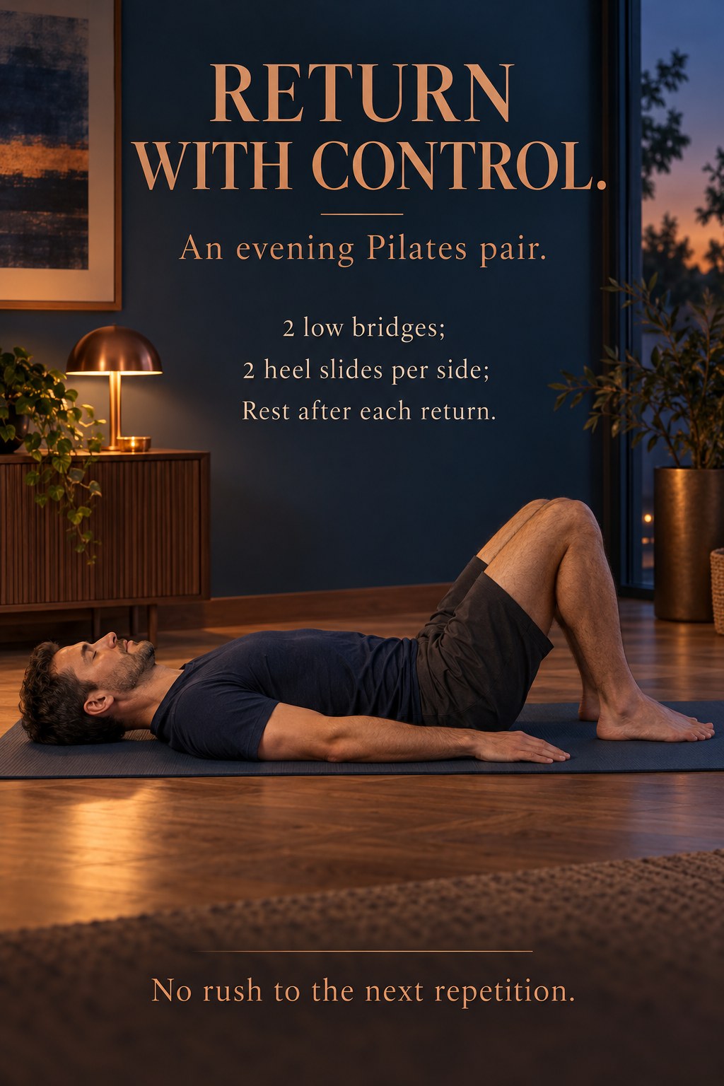 Adult lying on a Pilates mat with knees bent and feet flat in an evenly lit evening room.
